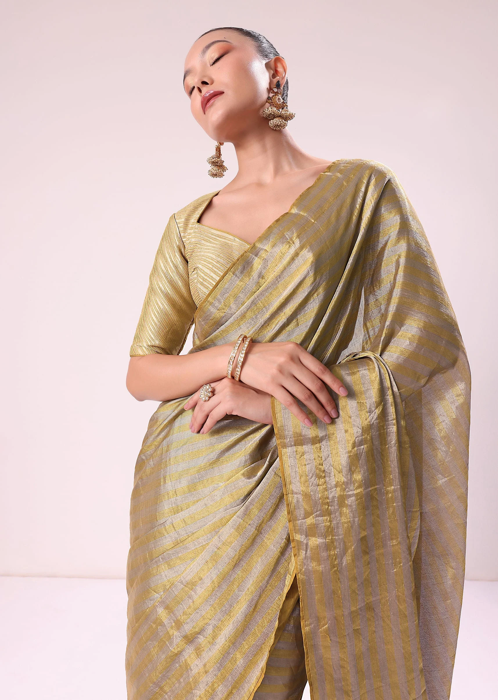 Gold Chanderi Tissue Saree With Pipe Finish Stitched Blouse - Image 2