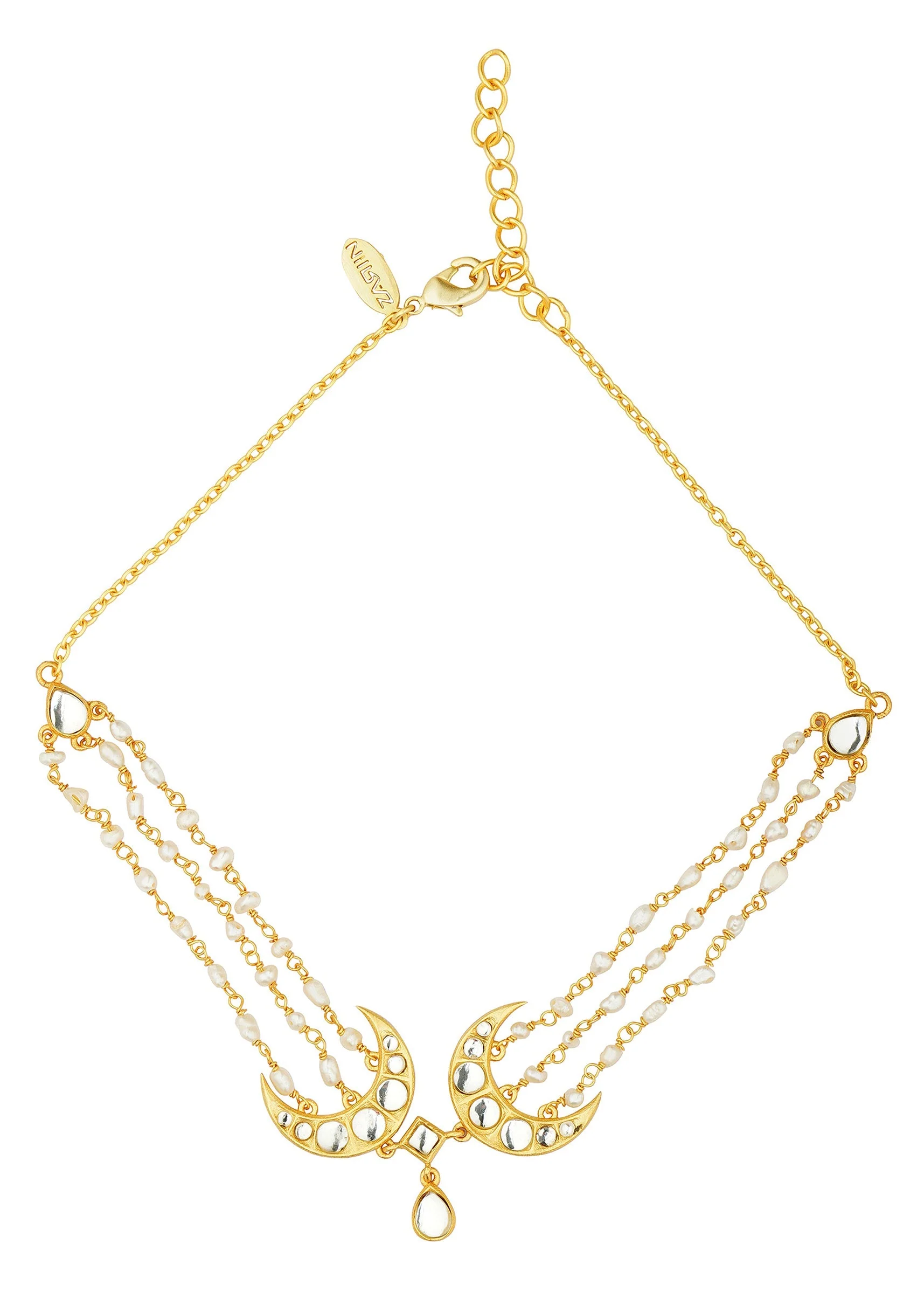 Gold Choker Necklace With Crescent Motifs And Pearl Detailing - Image 3
