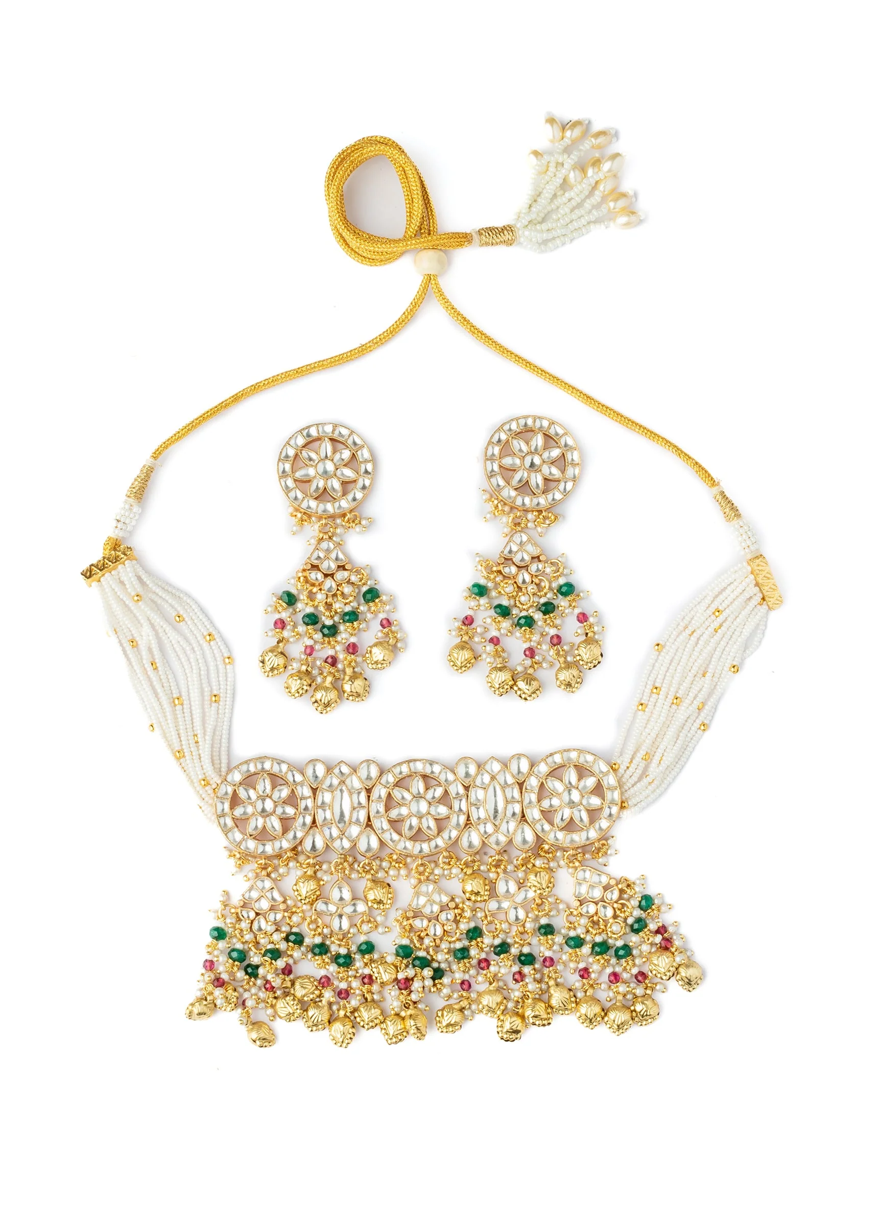 Gold Choker Set With Intricate Uncut Diamonds Pearls And Vibrant Gemstones - Image 2