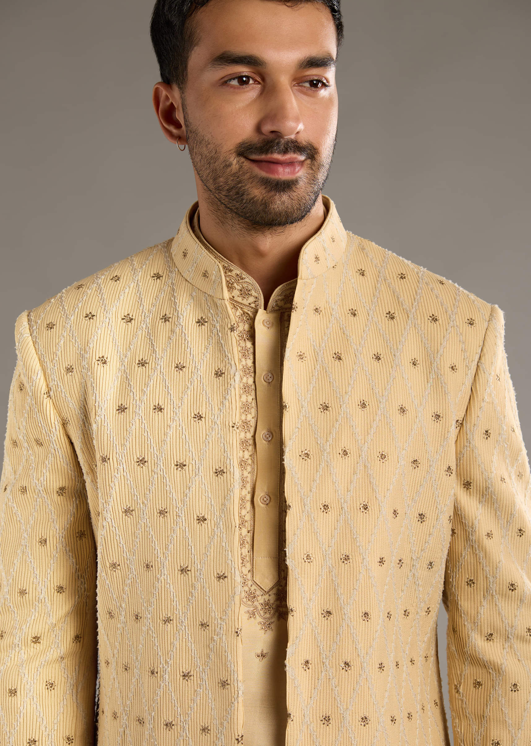 Gold Cotton Silk Indo Western Set For Men With Zari Embroidery - Image 2