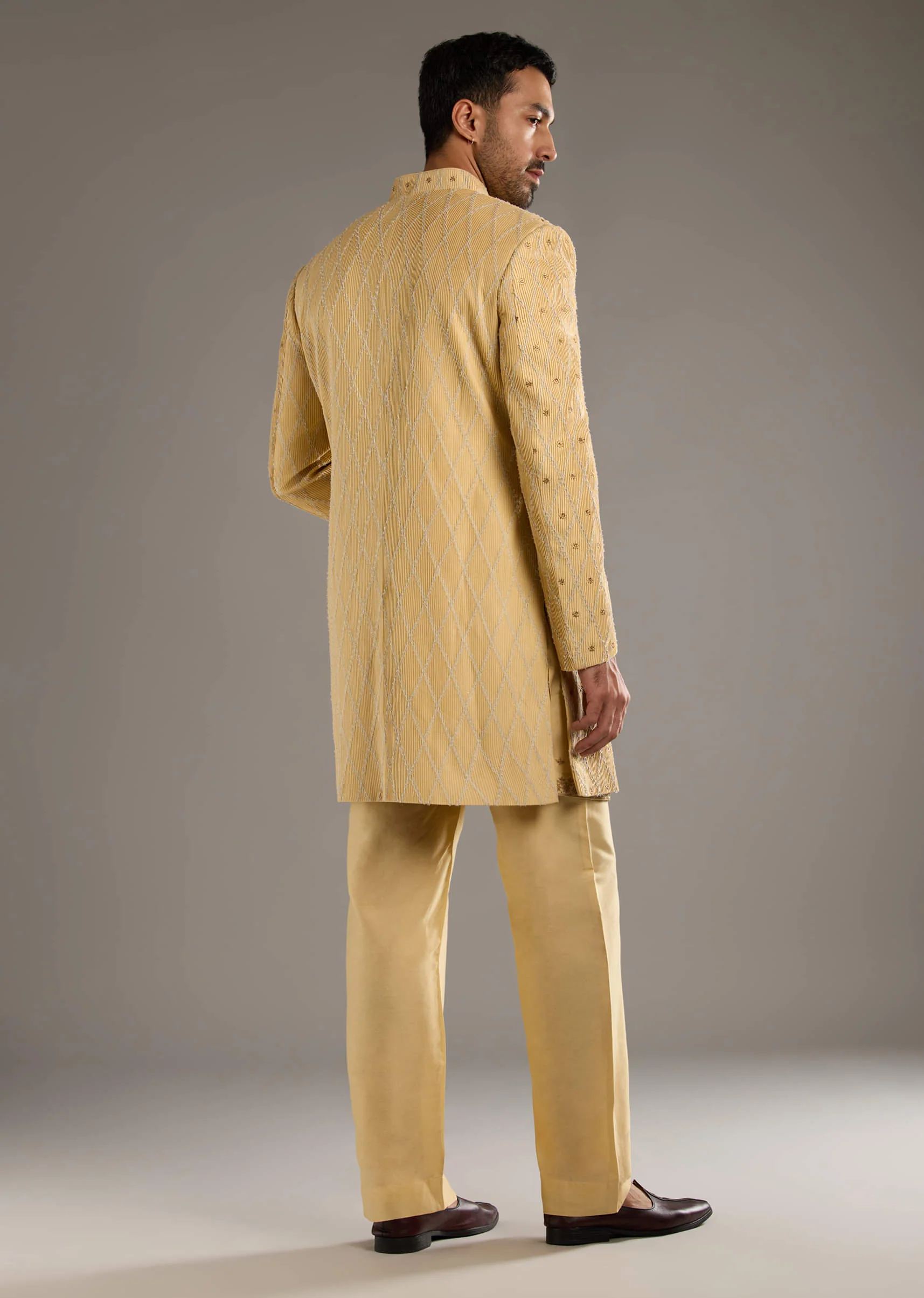 Gold Cotton Silk Indo Western Set For Men With Zari Embroidery - Image 5