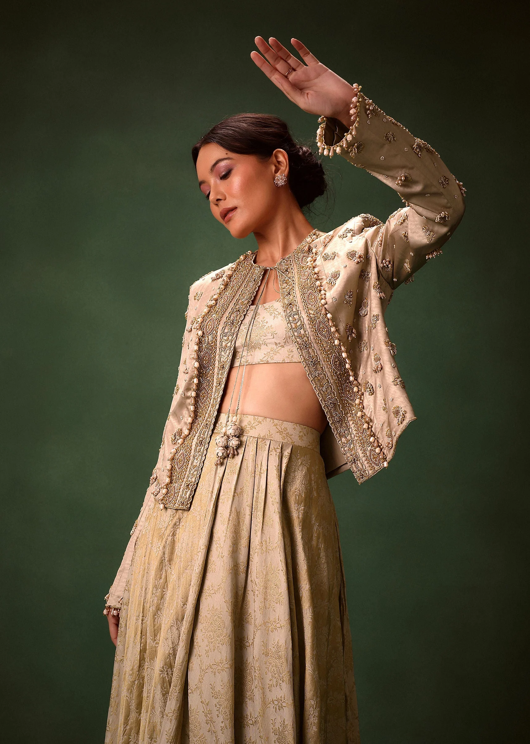 Gold Cowl Dhoti Drape Skirt With Heavy Embroidered Jacket - Image 4