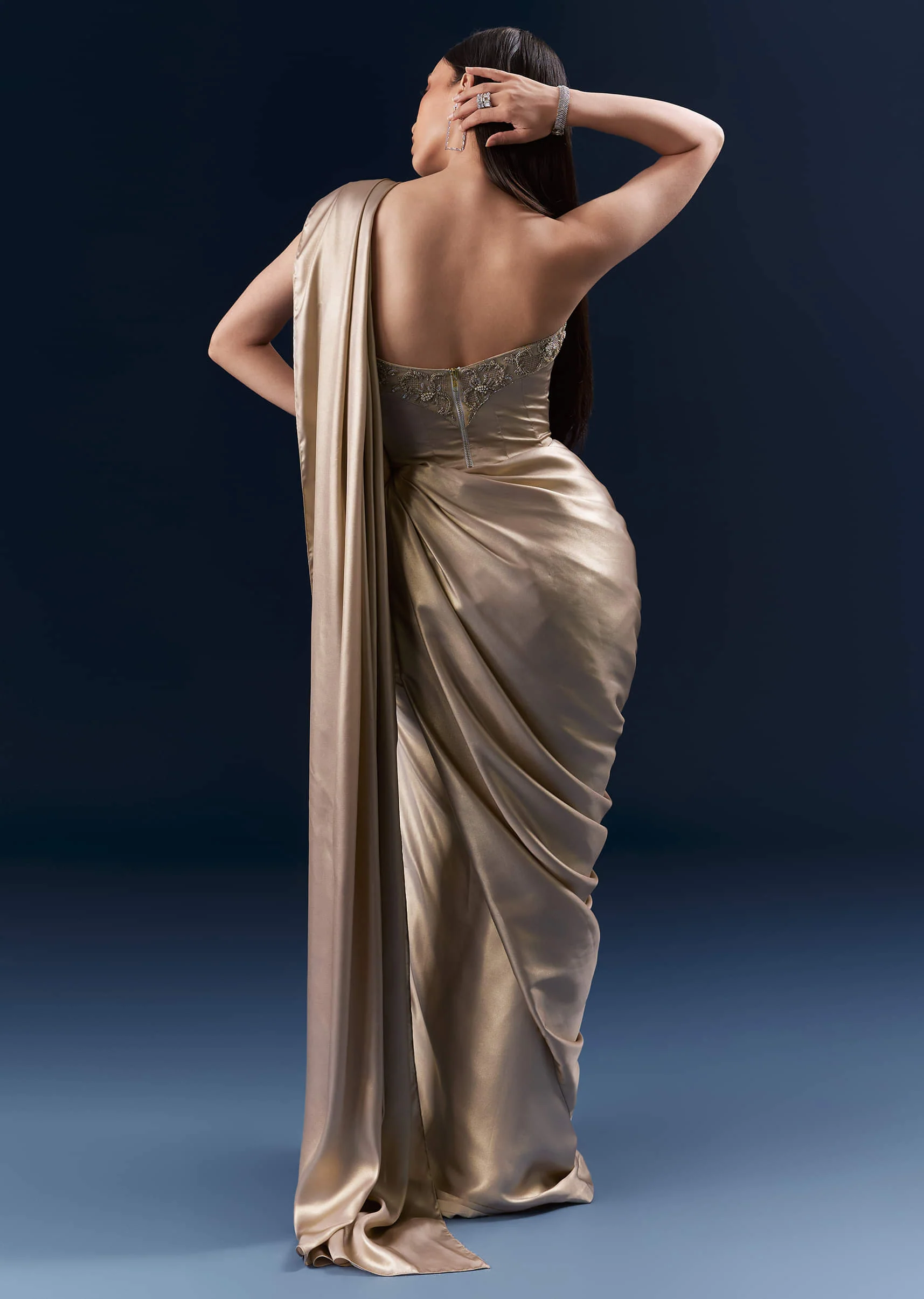 Gold Crepe Crop Top And Drape Skirt Set With Embroidery - Image 2