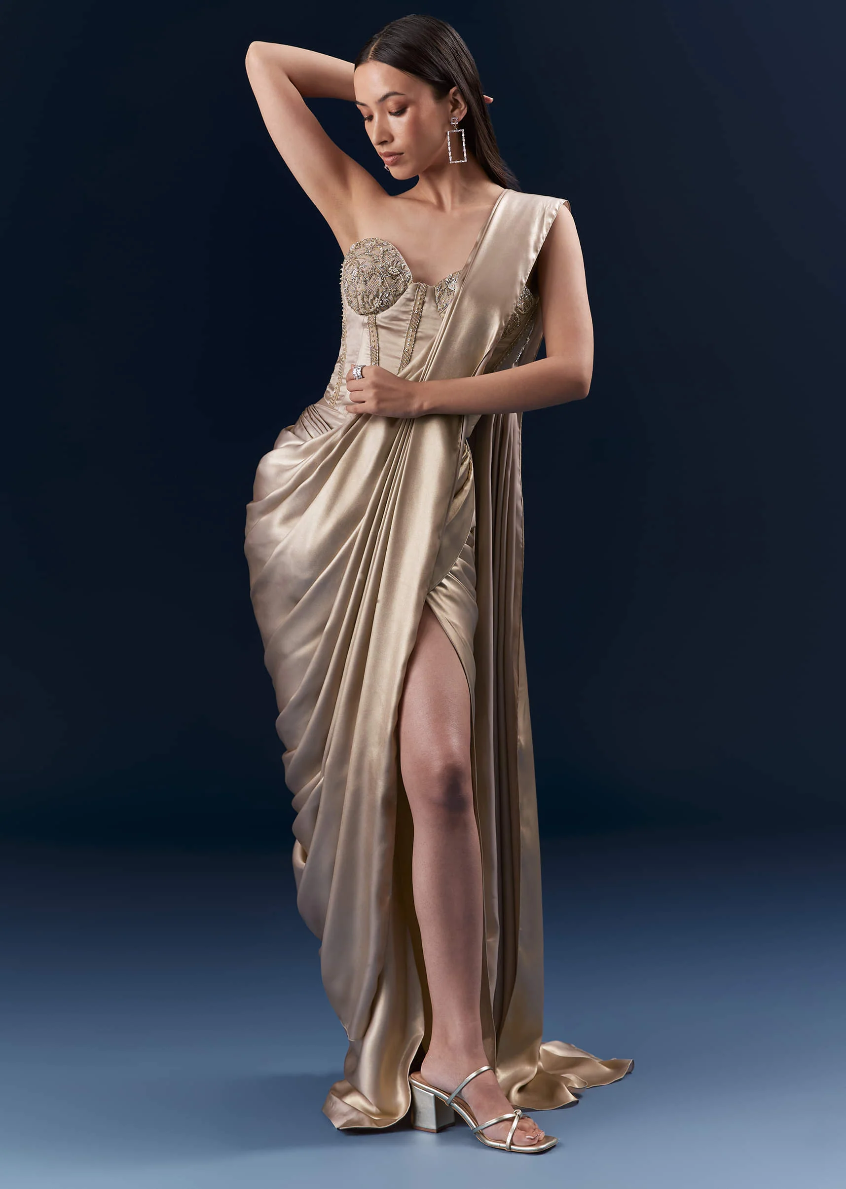 Gold Crepe Crop Top And Drape Skirt Set With Embroidery - Image 4
