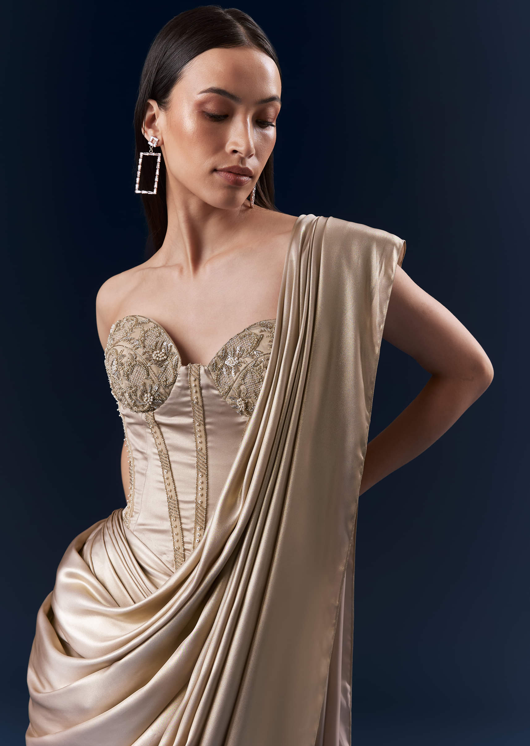Gold Crepe Crop Top And Drape Skirt Set With Embroidery - Image 5