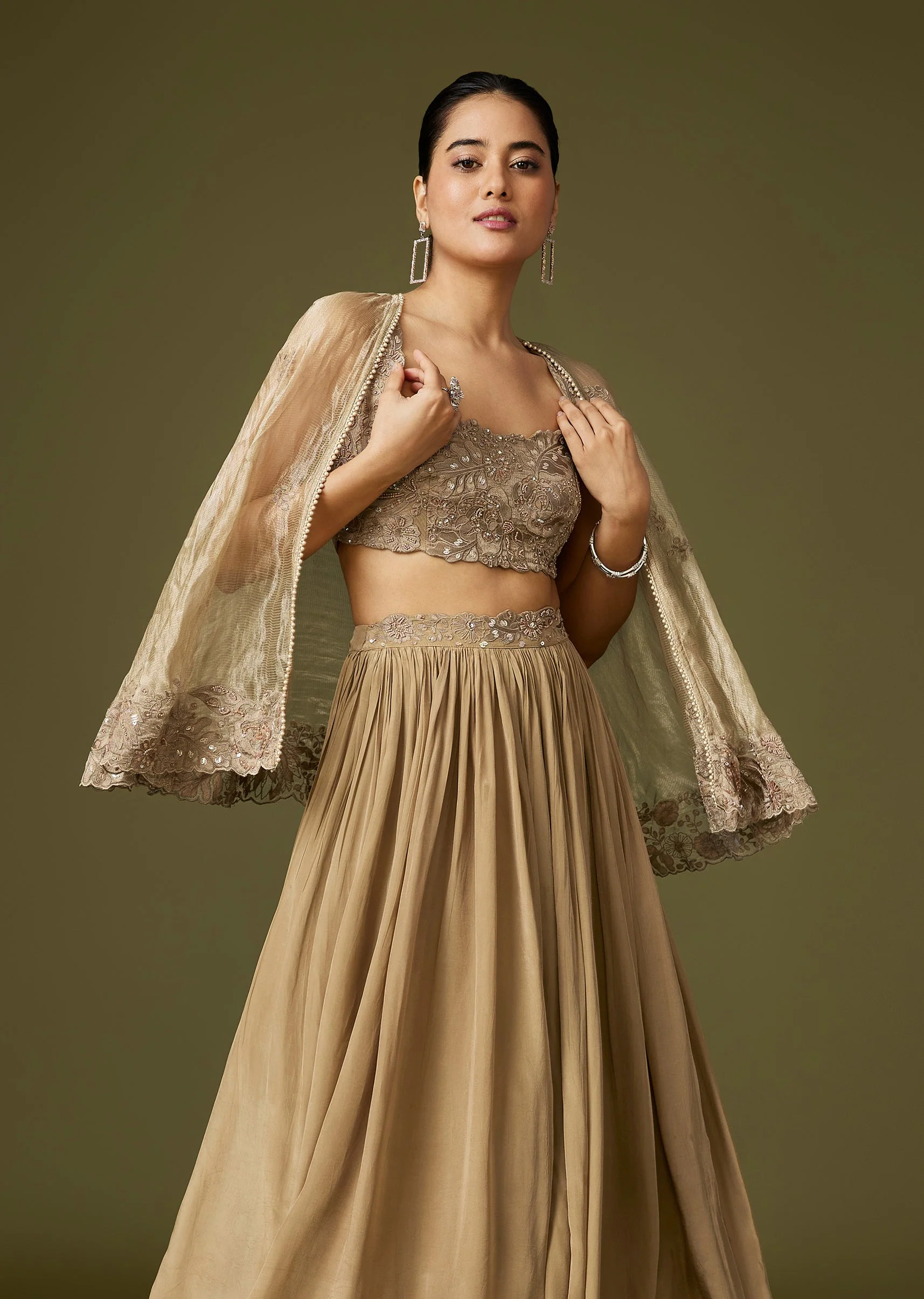 Gold Crop Top Lehenga With Thread Beadwork Cape - Image 3
