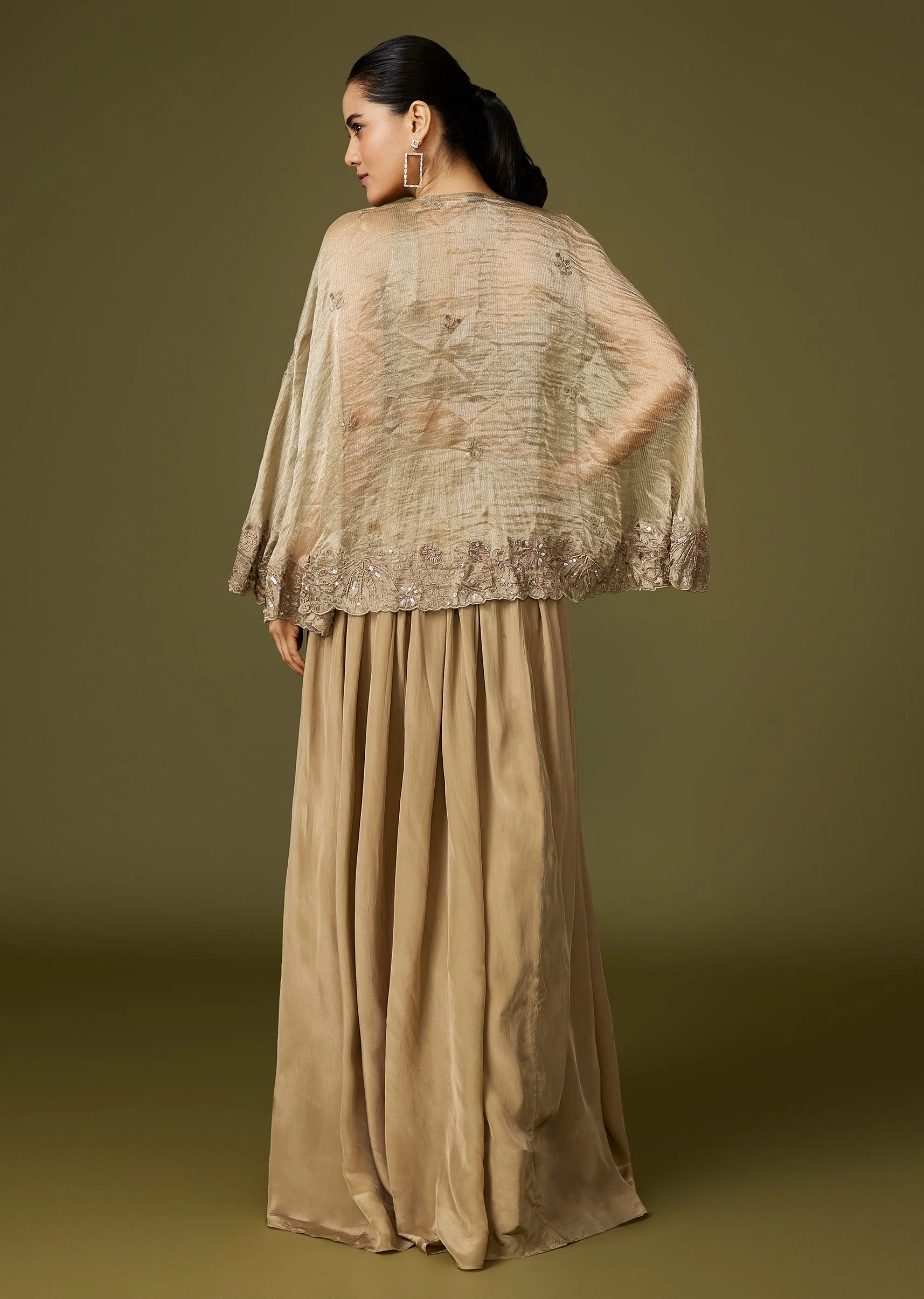 Gold Crop Top Lehenga With Thread Beadwork Cape - Image 4