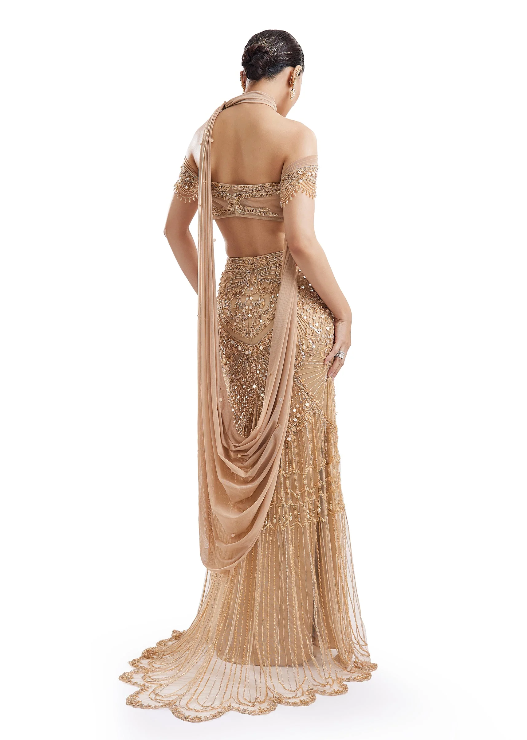 Gold Drape Skirt Set With Off-Shoulder Blouse - Image 2