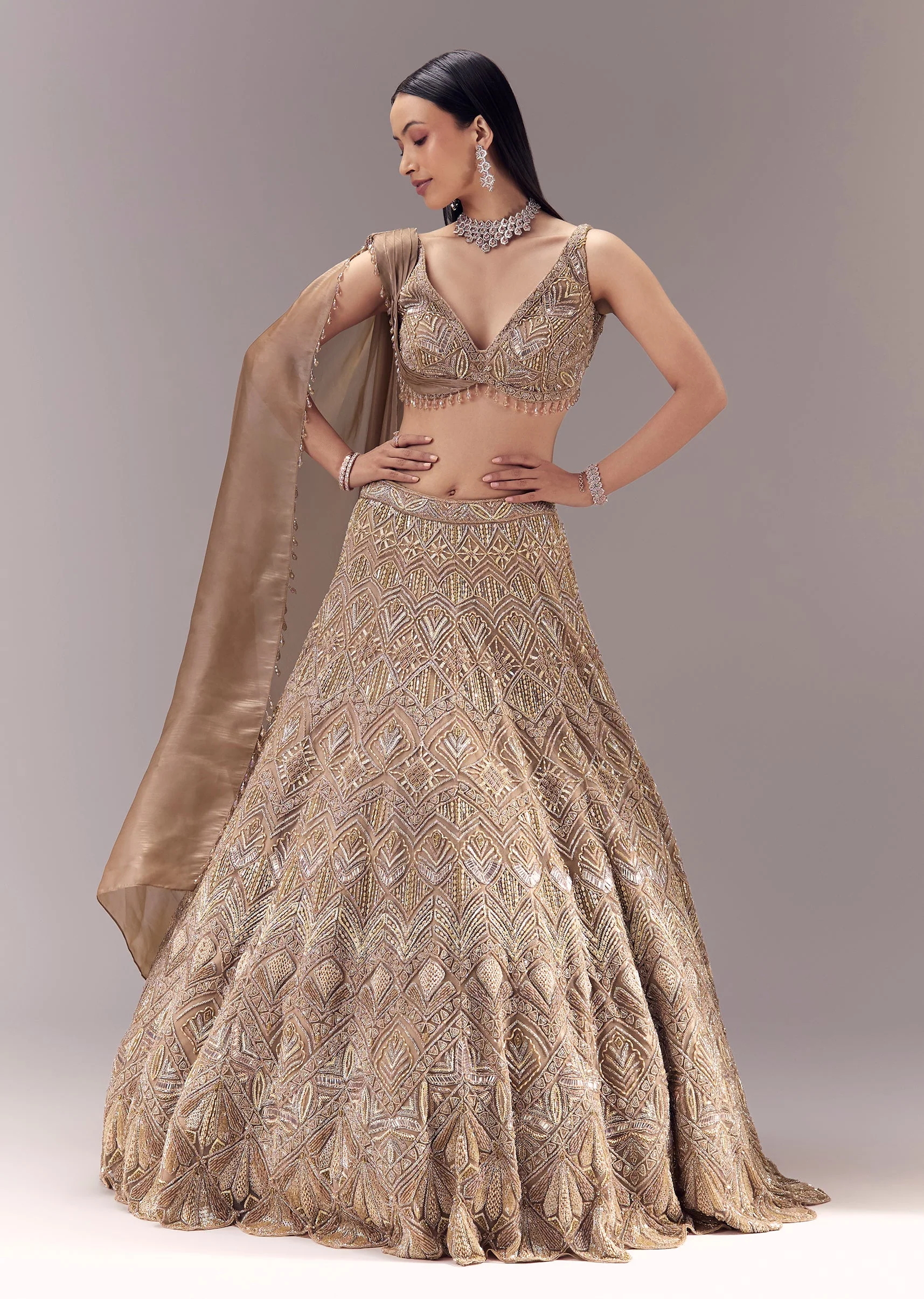 Gold Draped Blouse and Embellished Lehenga Set - Image 4