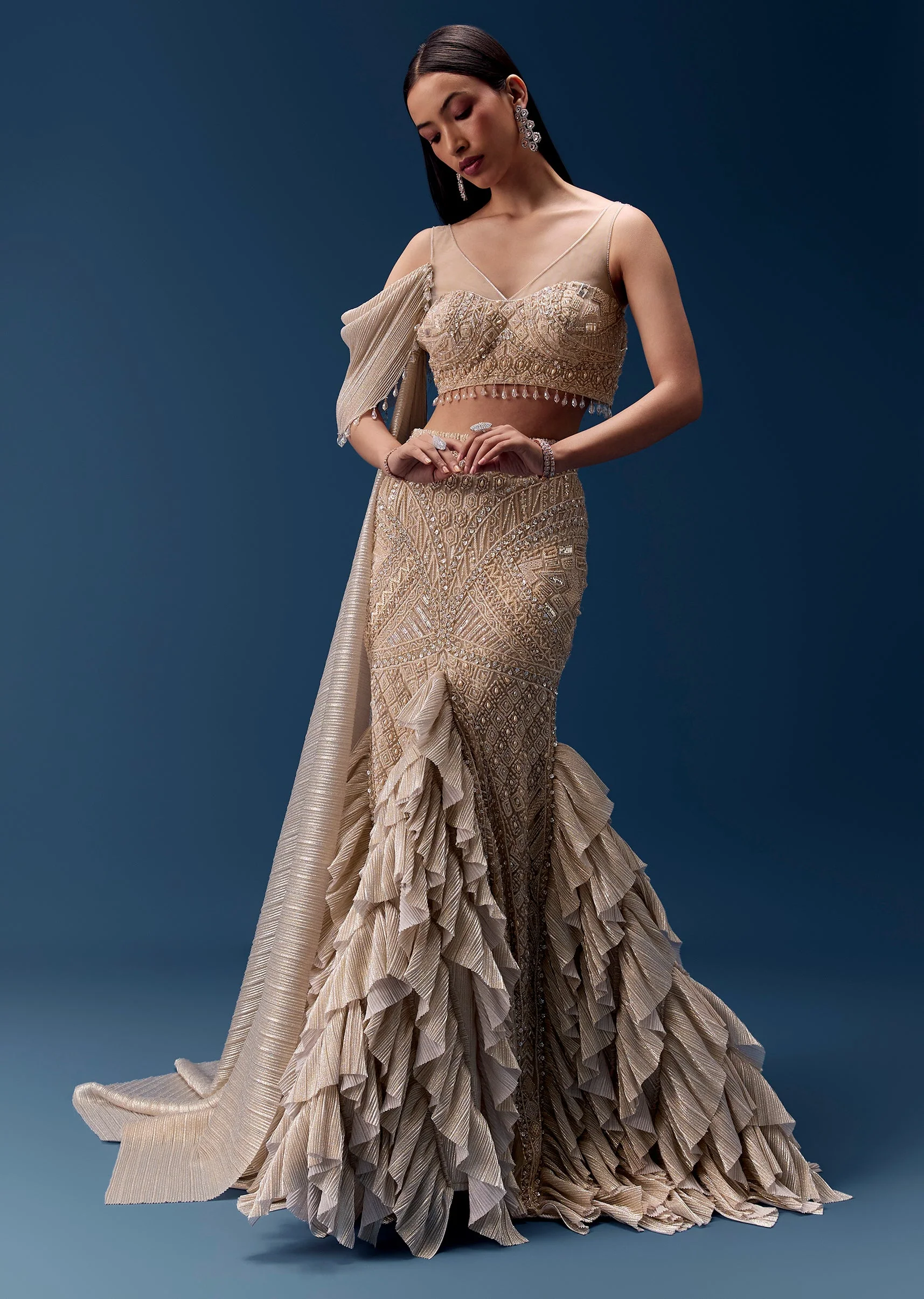Gold Draped Lehenga with Embellished Blouse