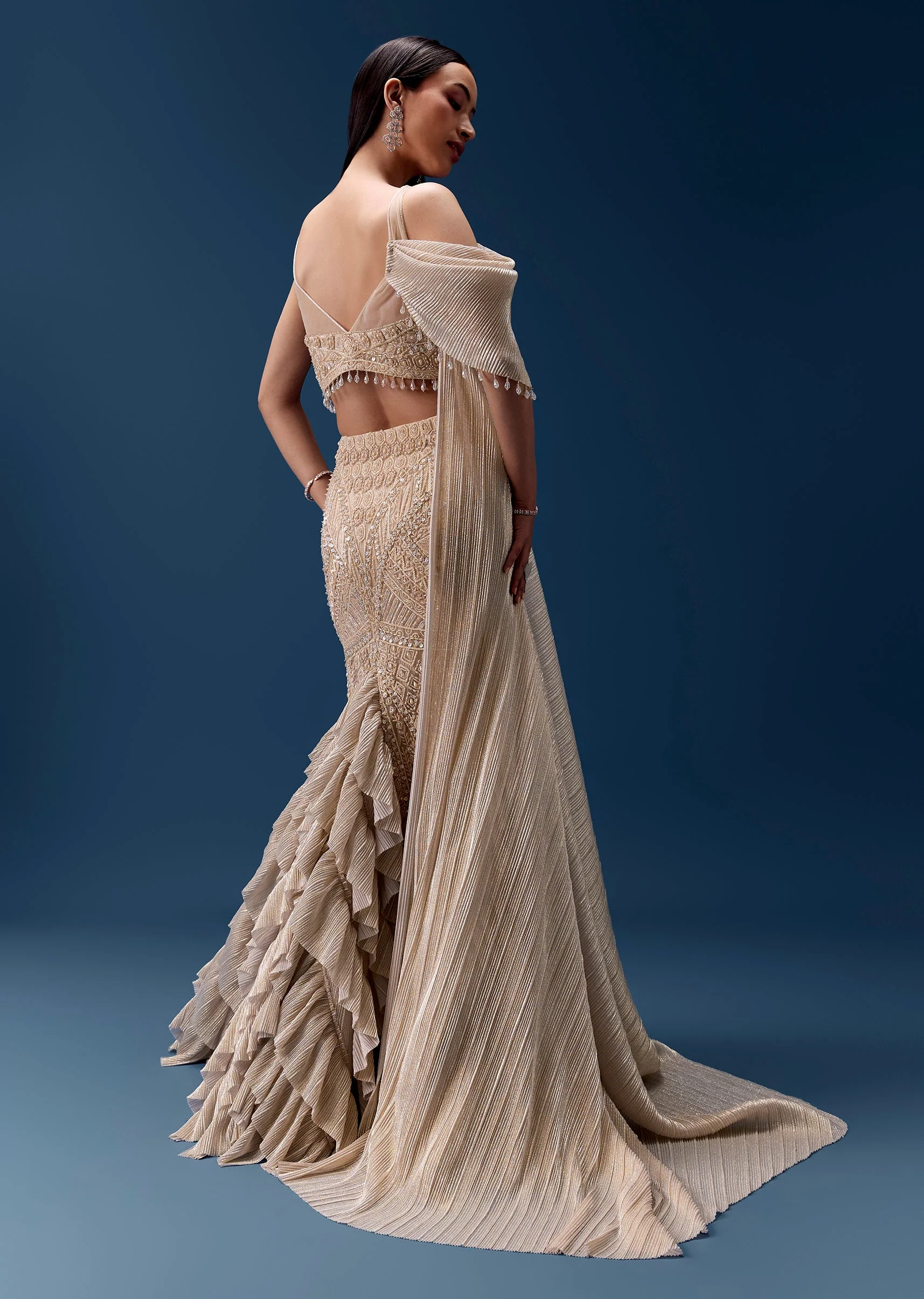 Gold Draped Lehenga with Embellished Blouse - Image 2