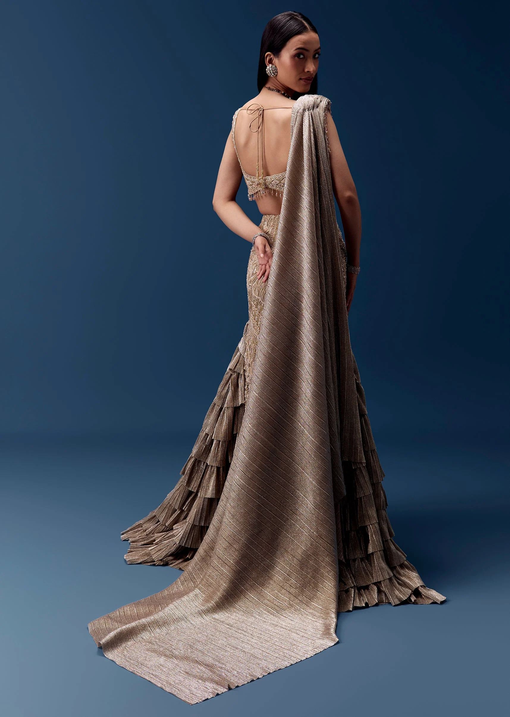 Gold Embellished Draped Blouse with Frill Skirt - Image 2