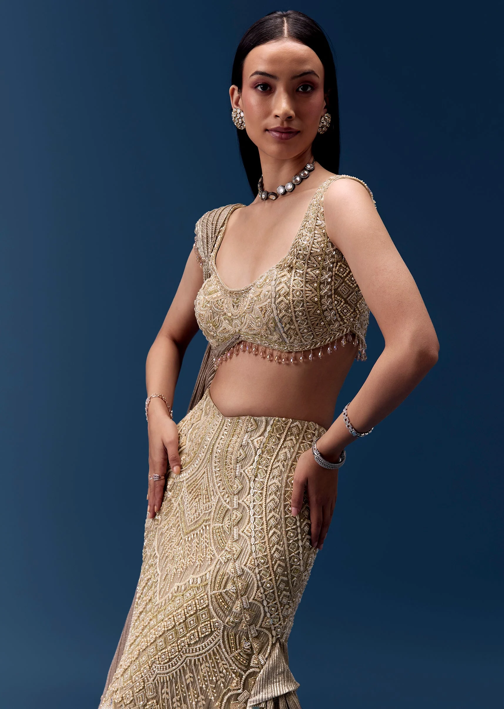 Gold Embellished Draped Blouse with Frill Skirt - Image 3