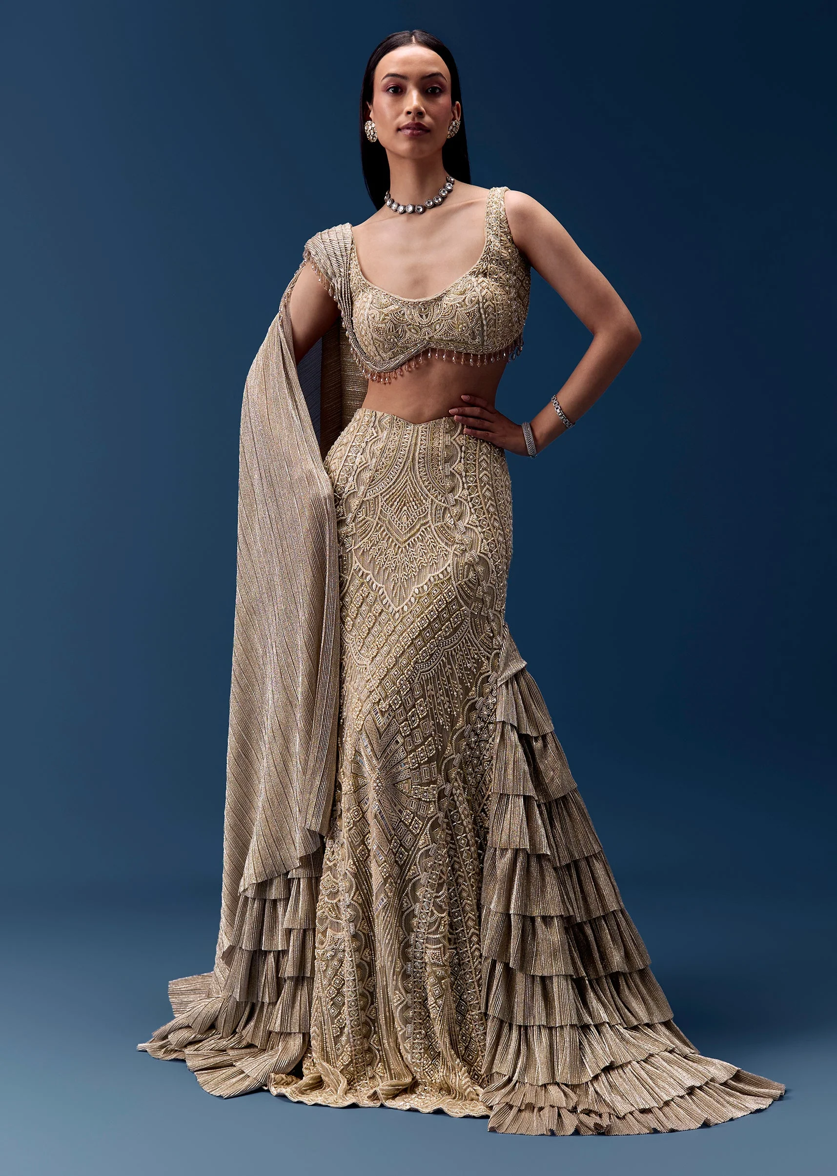 Gold Embellished Draped Blouse with Frill Skirt - Image 4