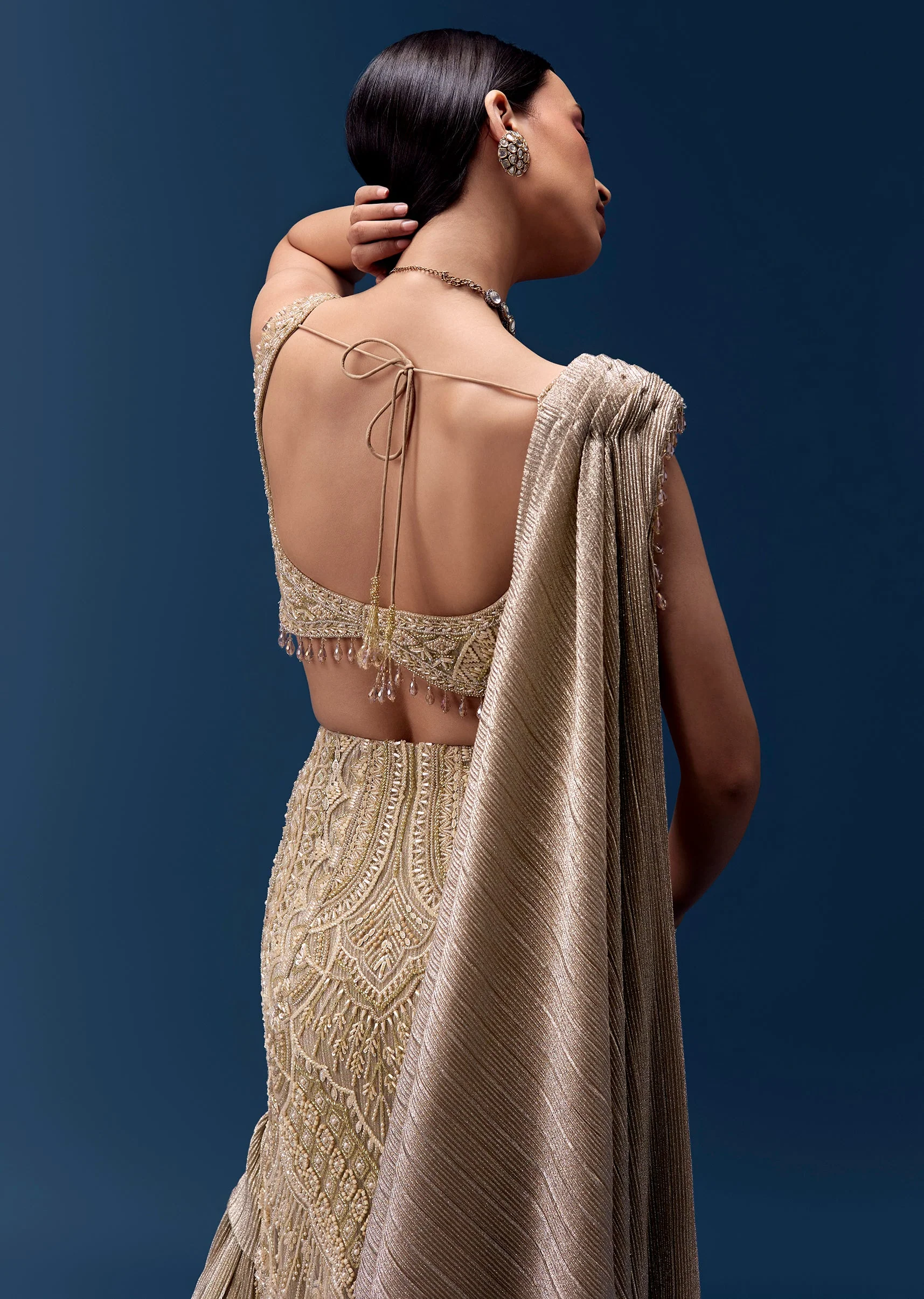 Gold Embellished Draped Blouse with Frill Skirt - Image 5