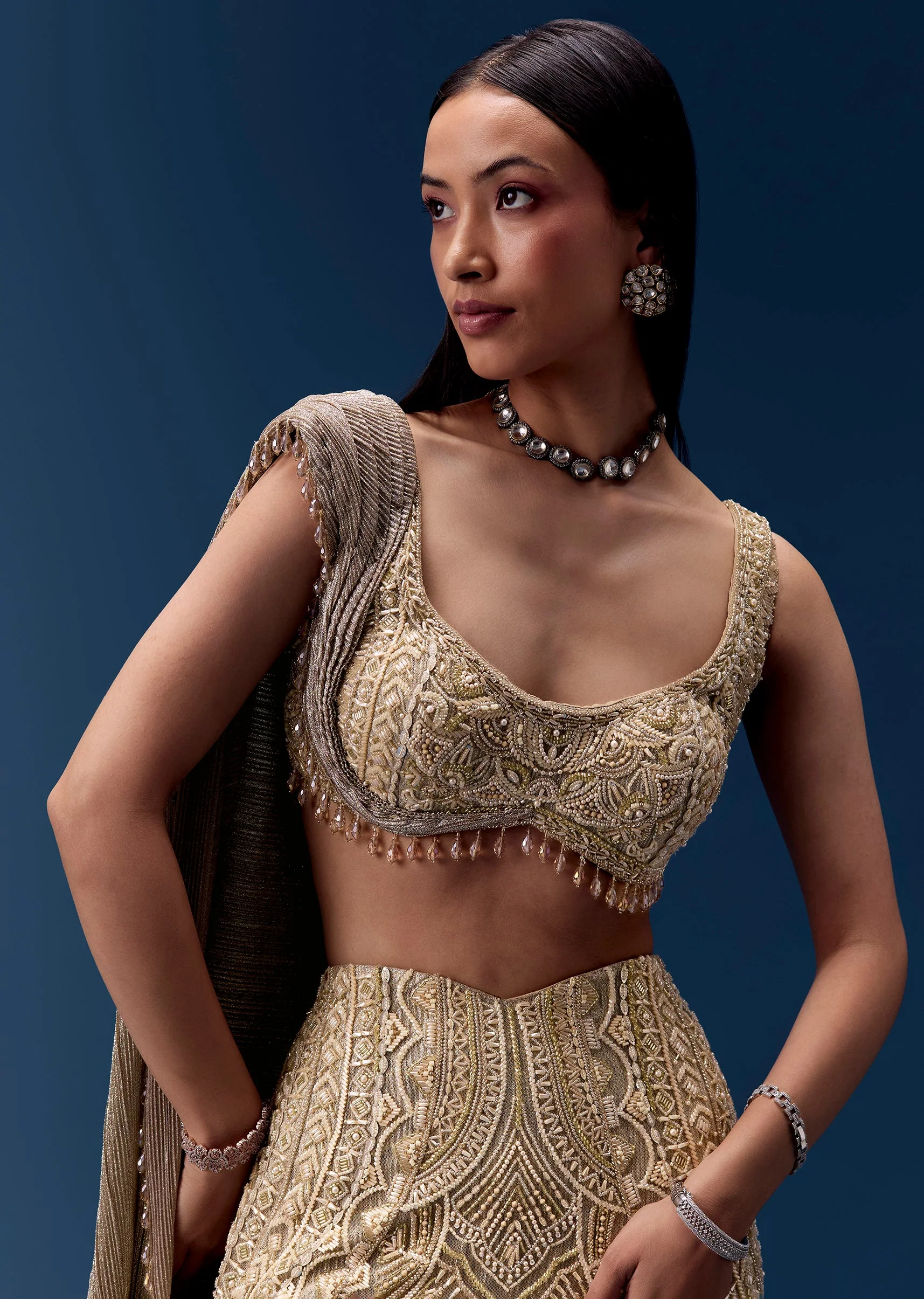 Gold Embellished Draped Blouse with Frill Skirt - Image 6