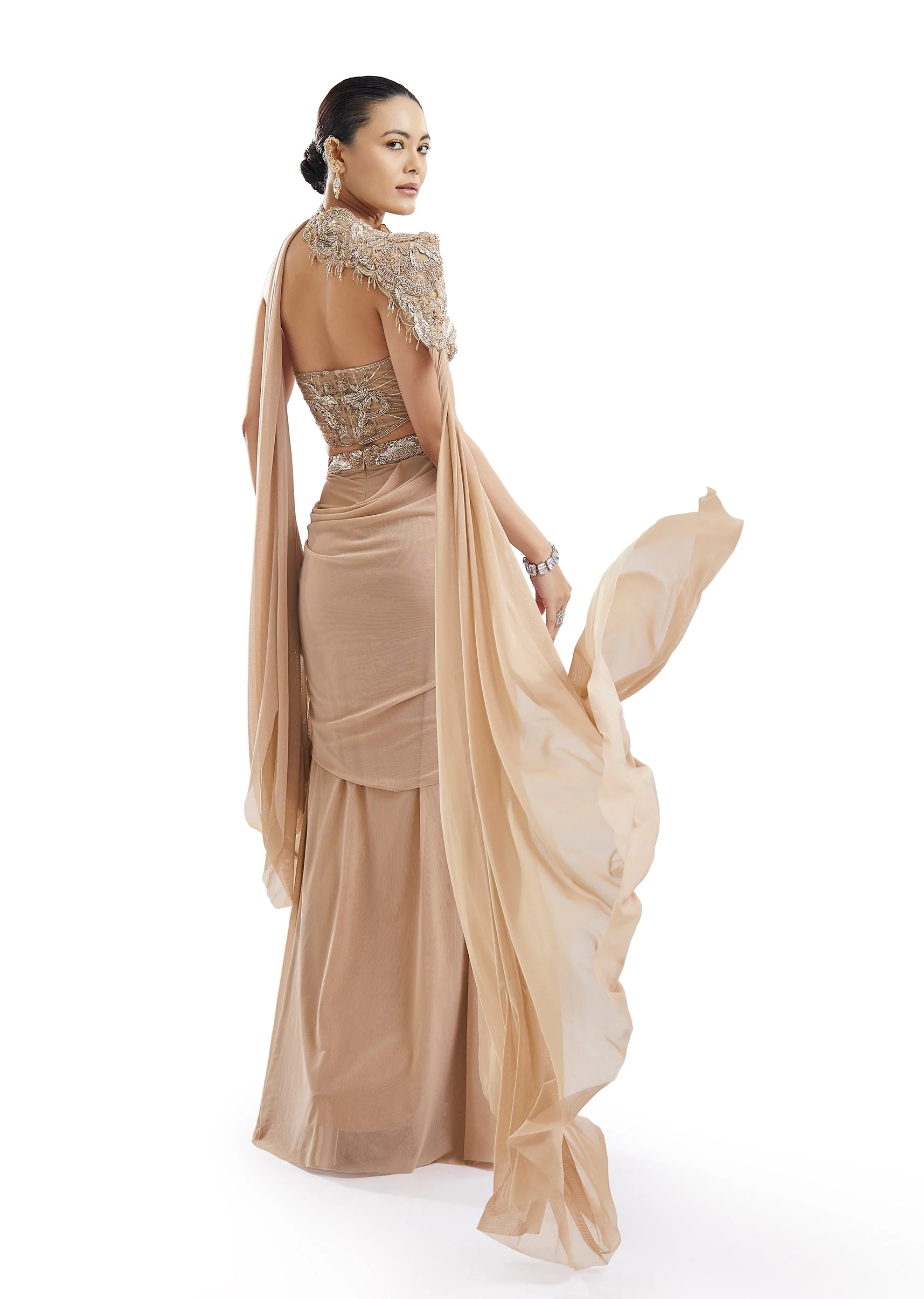 Gold Embroidered Drape Skirt Set With Sweetheart Blouse - Image 2