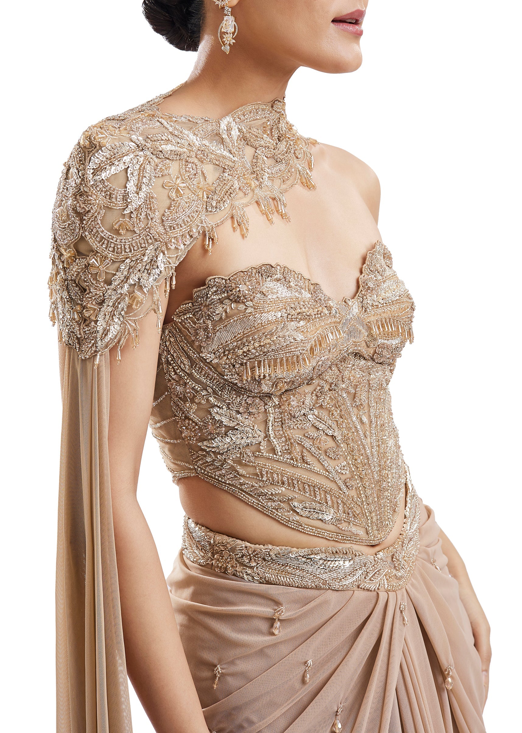 Gold Embroidered Drape Skirt Set With Sweetheart Blouse - Image 3