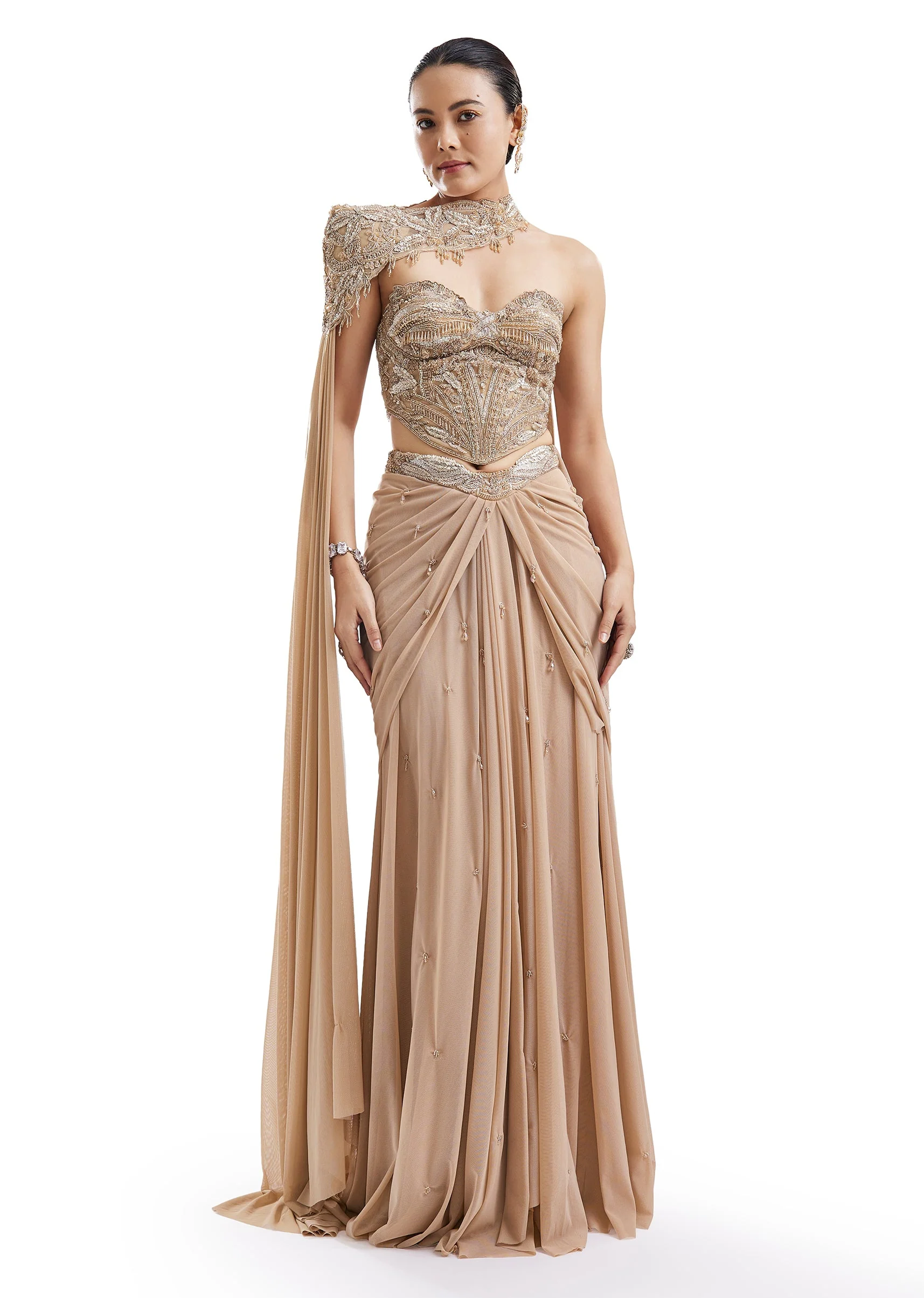 Gold Embroidered Drape Skirt Set With Sweetheart Blouse - Image 4