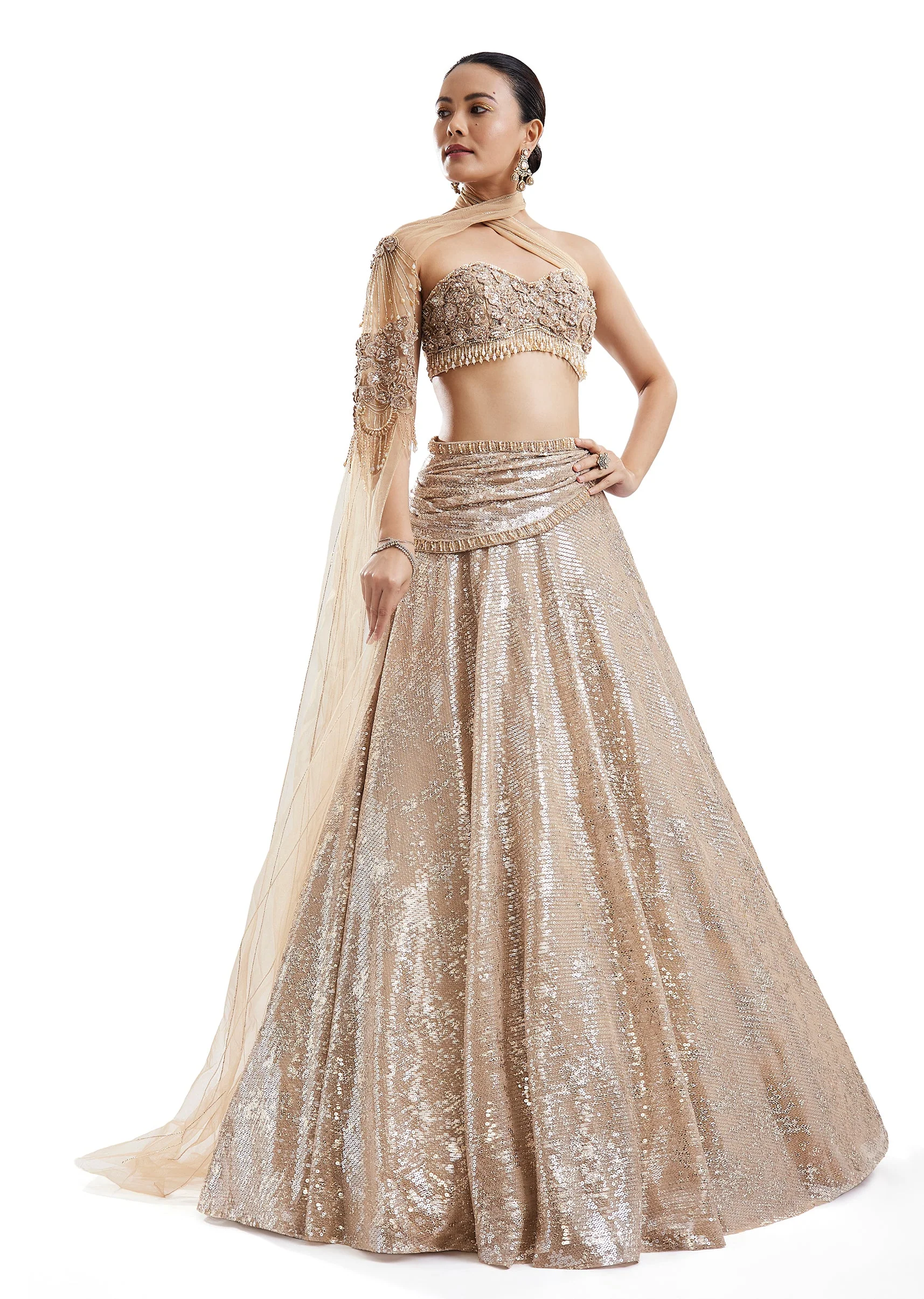 Gold Embroidered Lehenga With Attached Drape Cape - Image 4