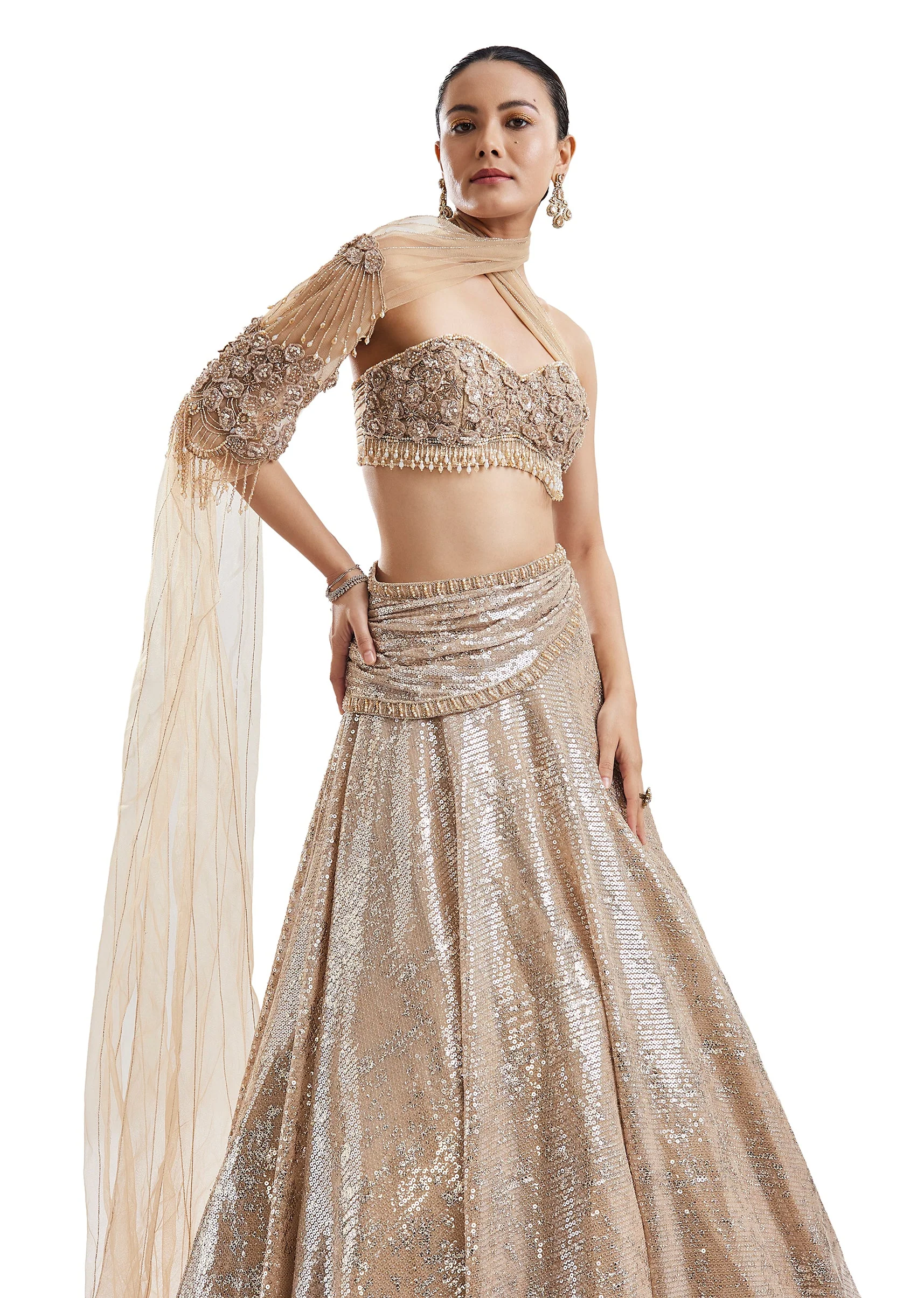 Gold Embroidered Lehenga With Attached Drape Cape - Image 5