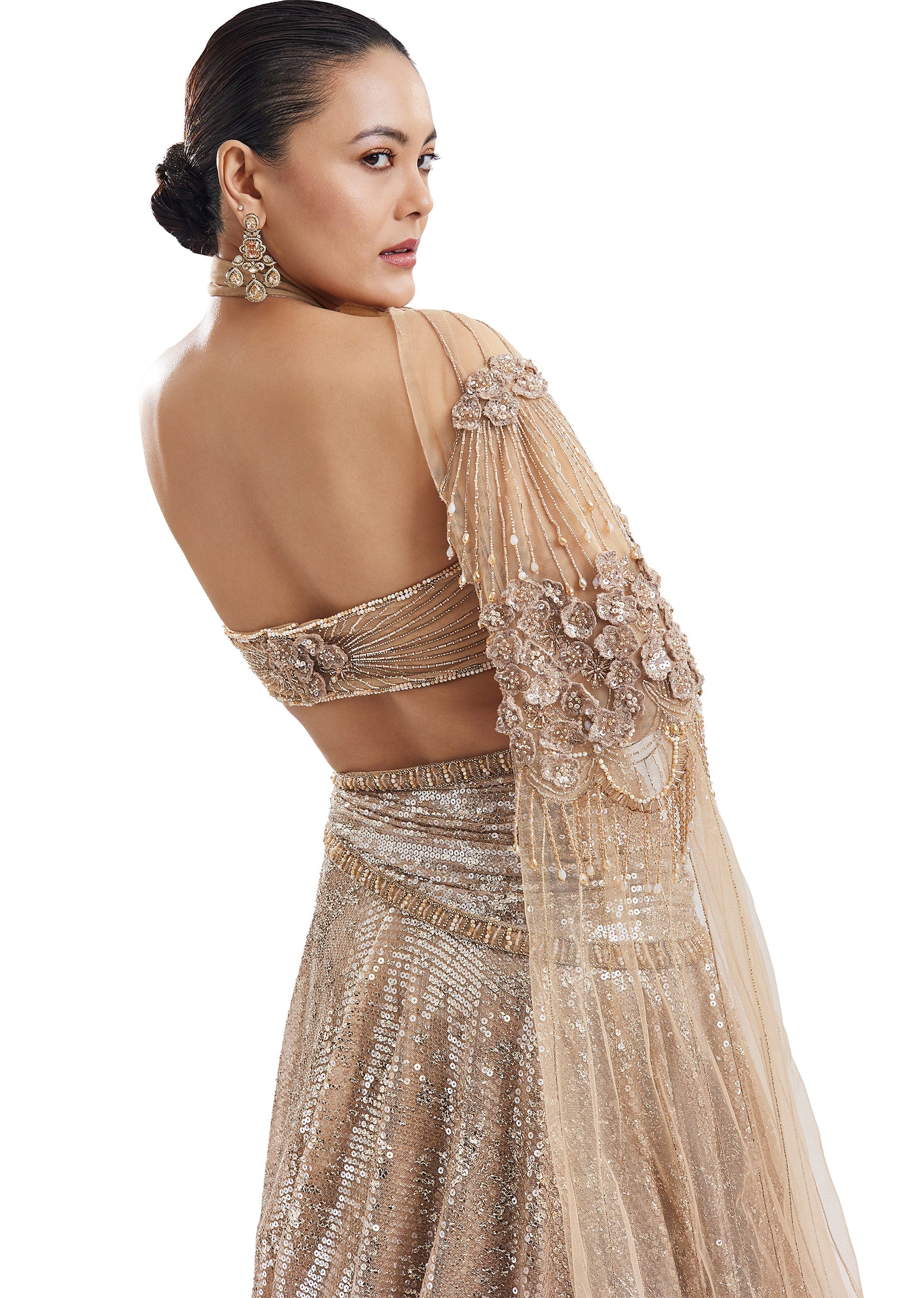 Gold Embroidered Lehenga With Attached Drape Cape - Image 6