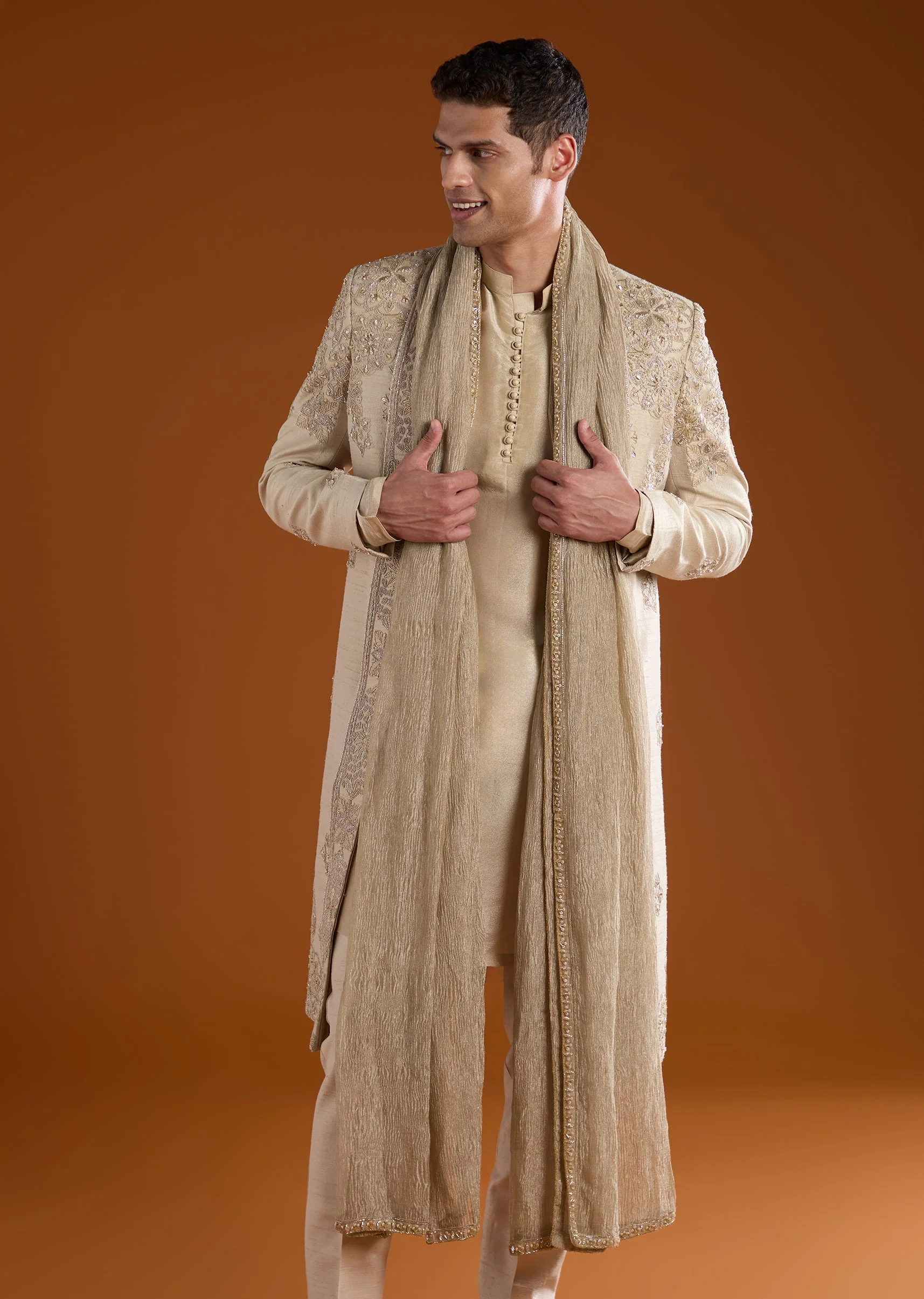 Gold Embroidered Silk Sherwani Kurta Set - Image 4