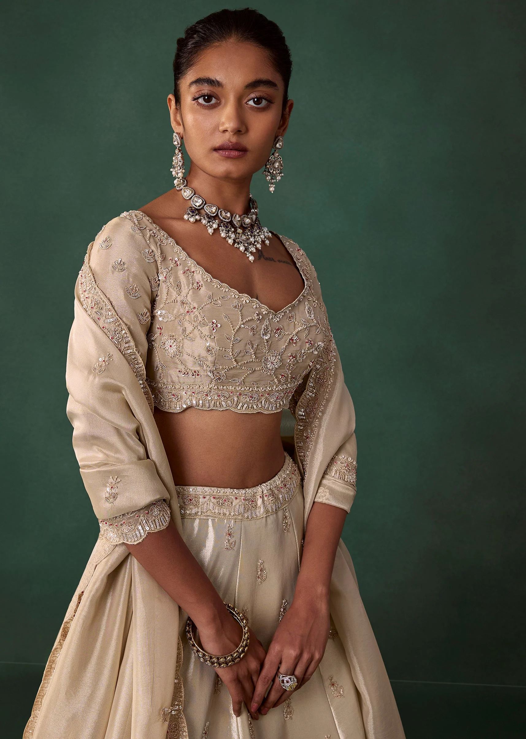 Gold Embroidered Tissue Shaded Bridal Lehenga Set with Cutdana - Image 3