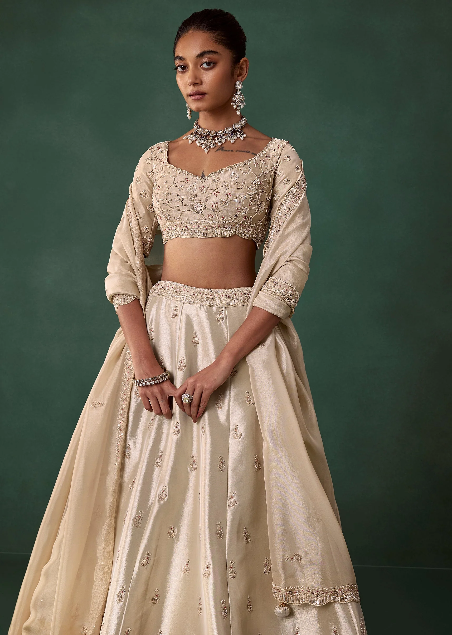 Gold Embroidered Tissue Shaded Bridal Lehenga Set with Cutdana - Image 5