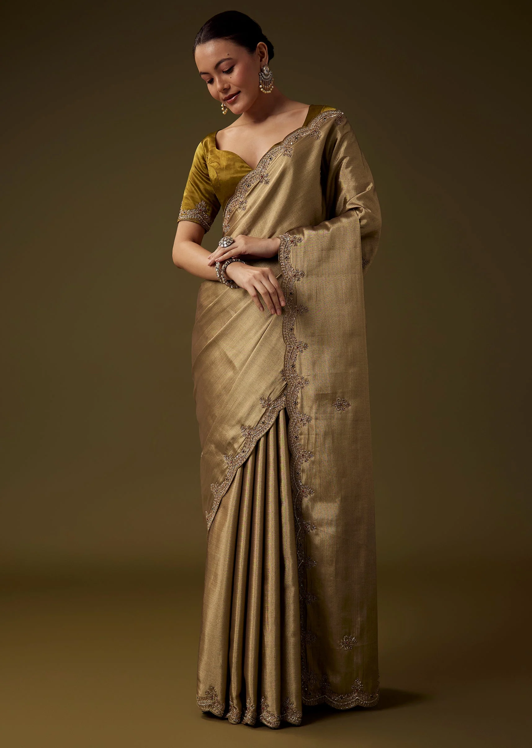Gold Embroidered Tissue Silk Saree with Unstitched Blouse - Image 3