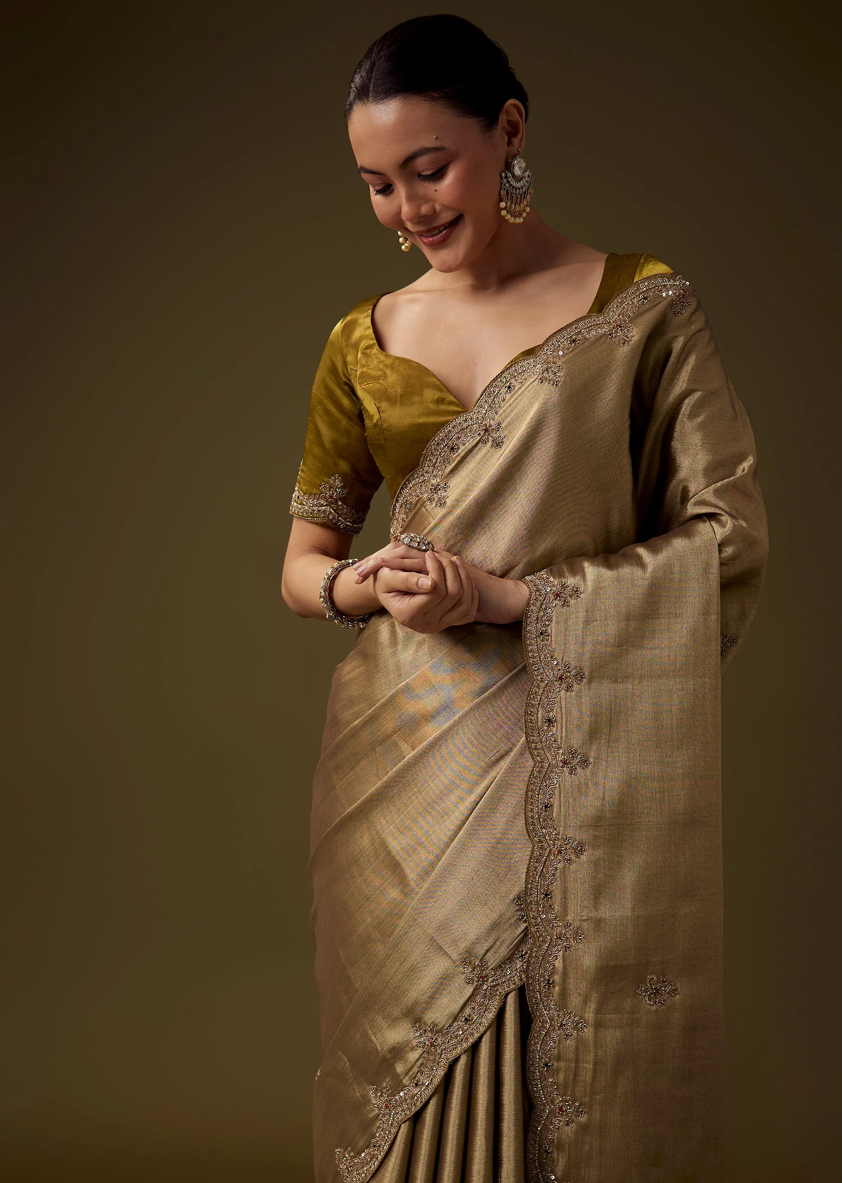 Gold Embroidered Tissue Silk Saree with Unstitched Blouse - Image 5