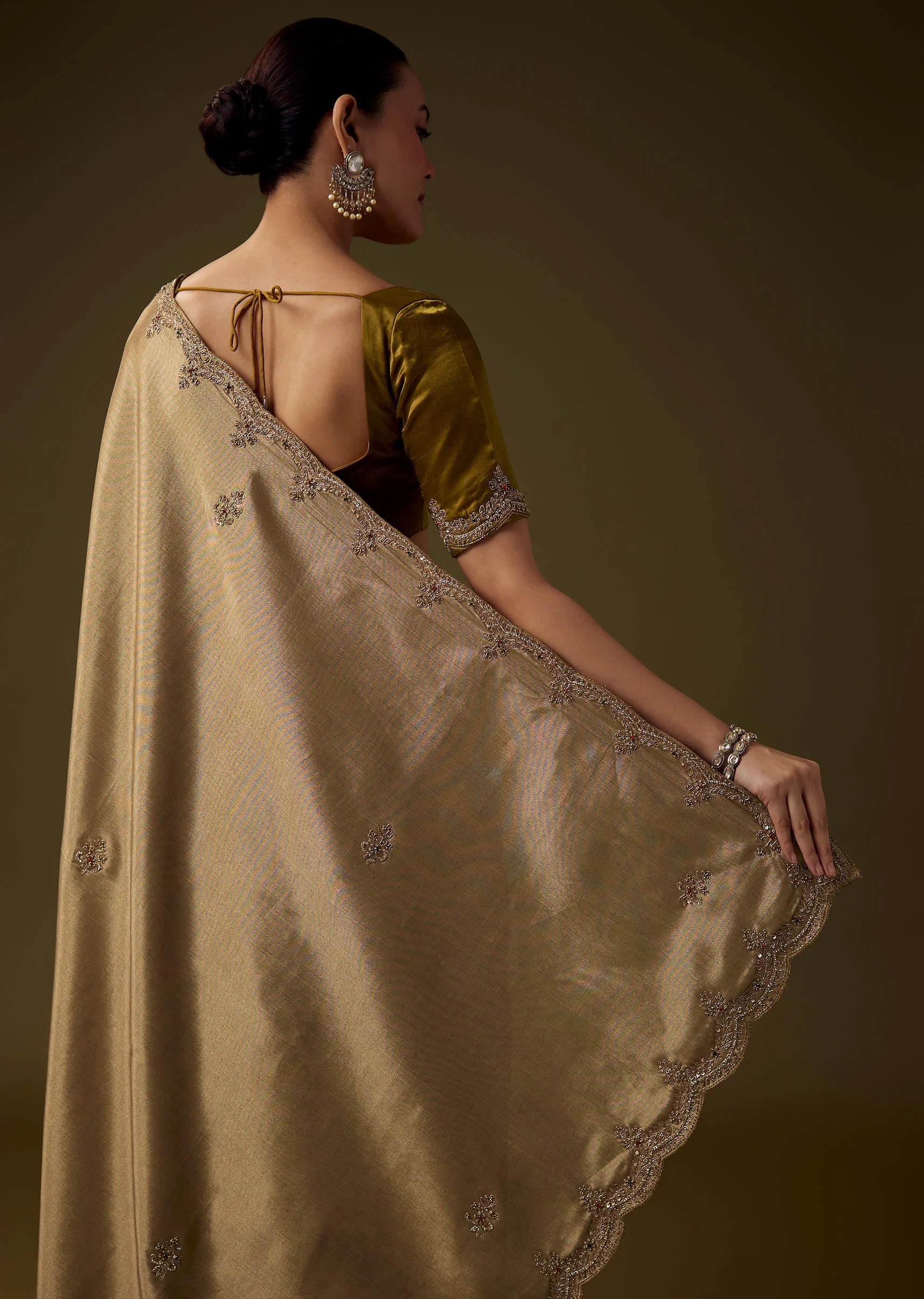 Gold Embroidered Tissue Silk Saree with Unstitched Blouse - Image 6