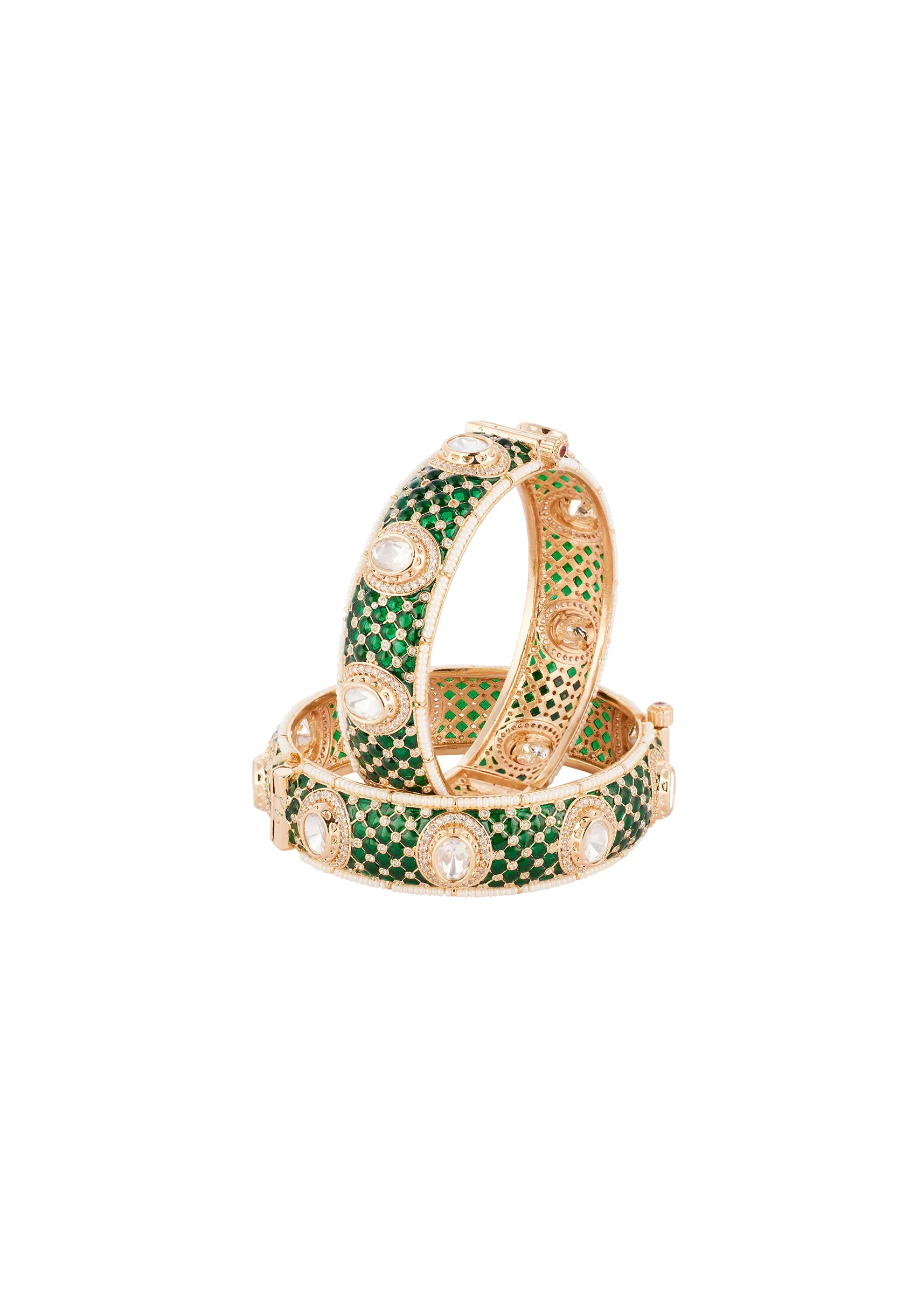 Gold Finish Bangle Set In Kundan Polki With Pearl Detailing - Image 2