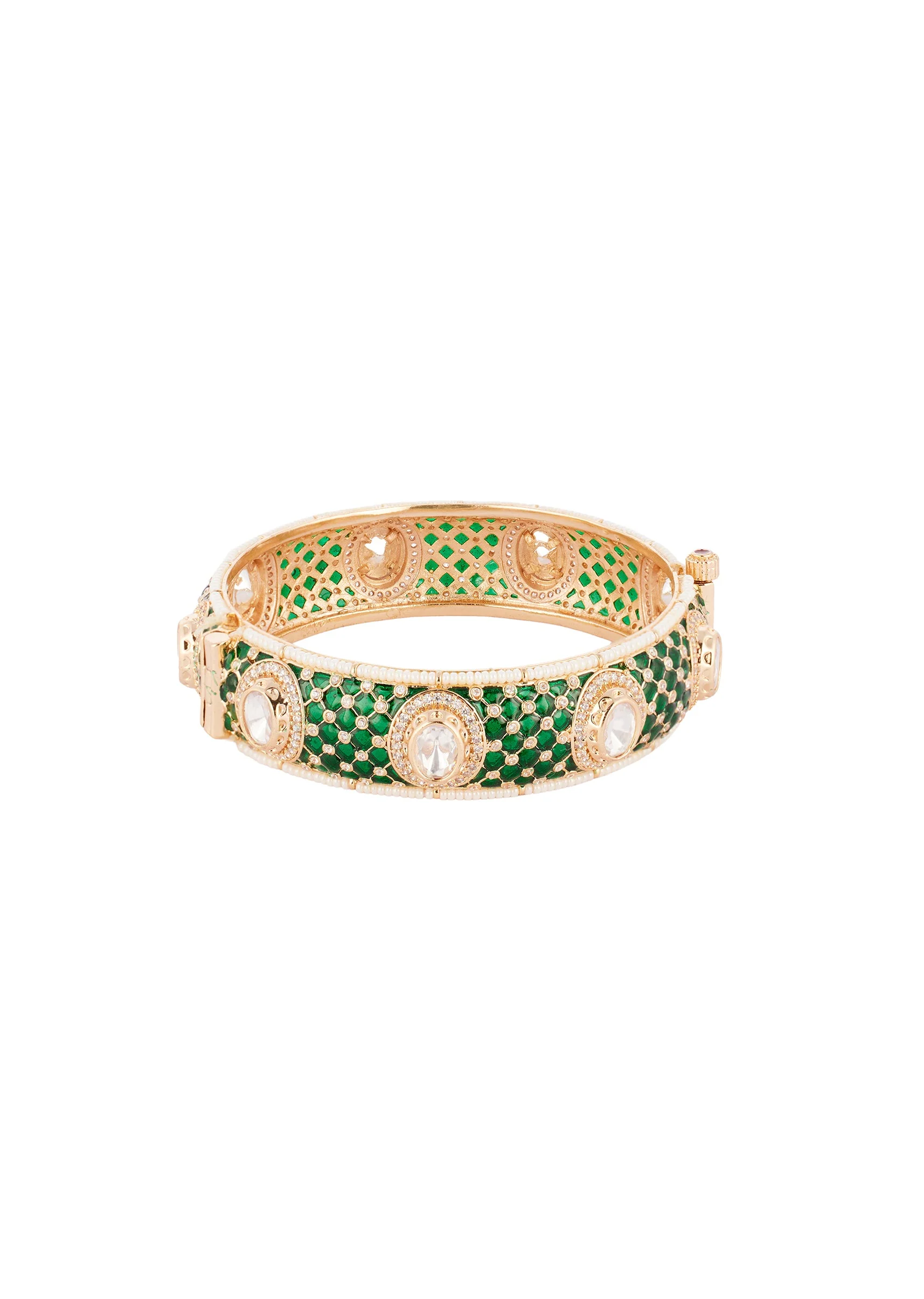 Gold Finish Bangle Set In Kundan Polki With Pearl Detailing - Image 3