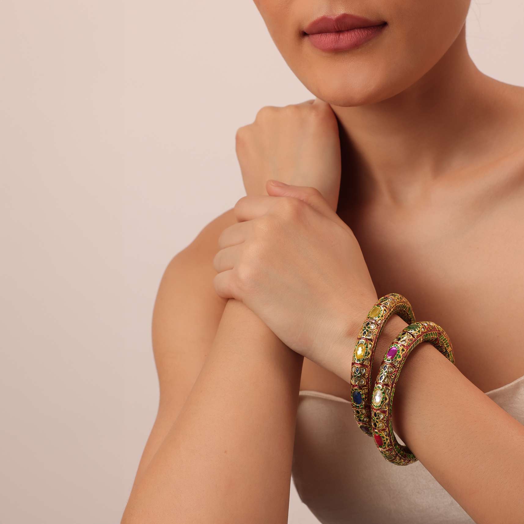 Gold Finish Bangle With Multicolor Studded Kundan And Meenakari Work Set of 2