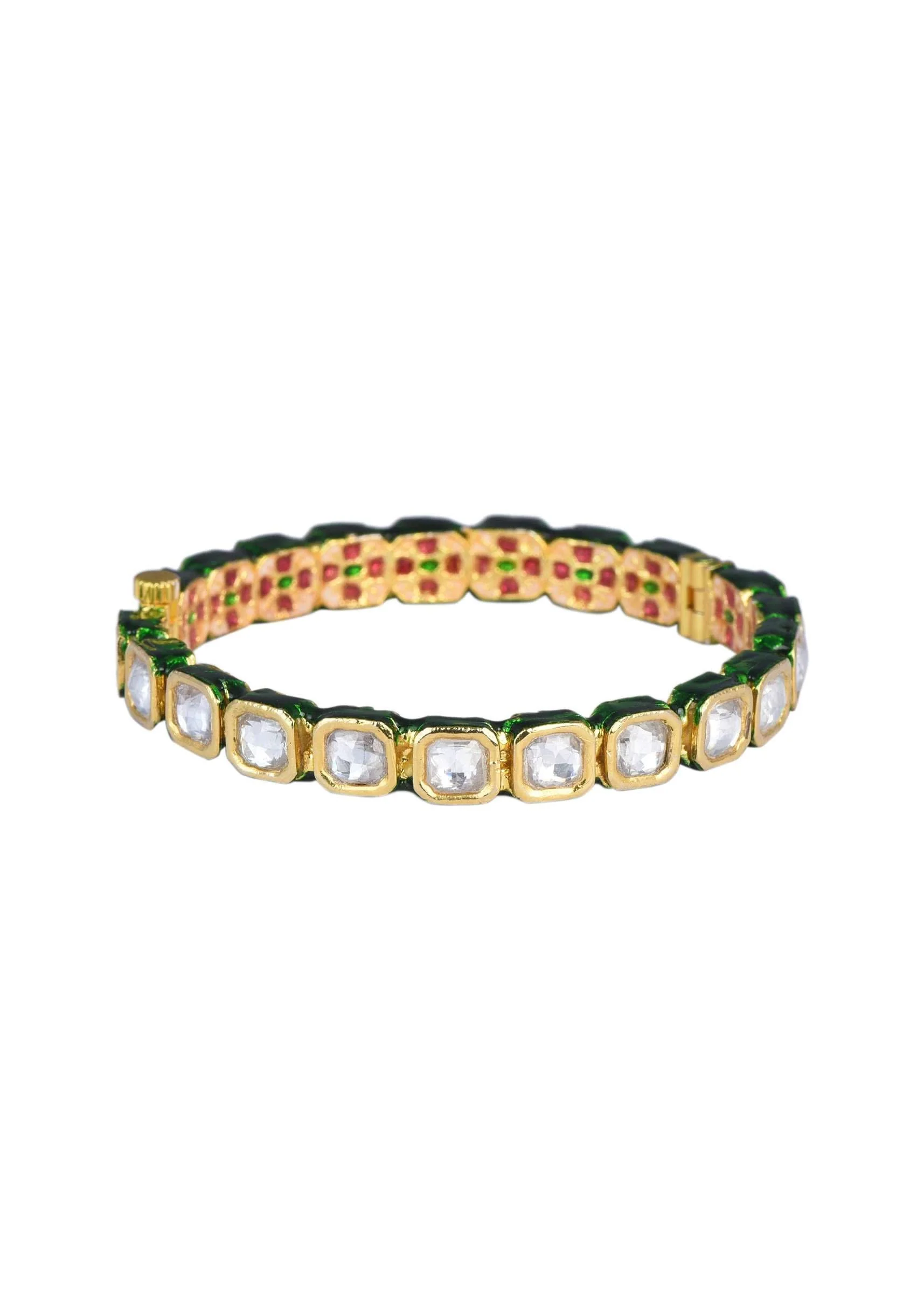 Gold Finish Bangle With Studded Kundan And Green Meenakari Set of 2 - Image 2