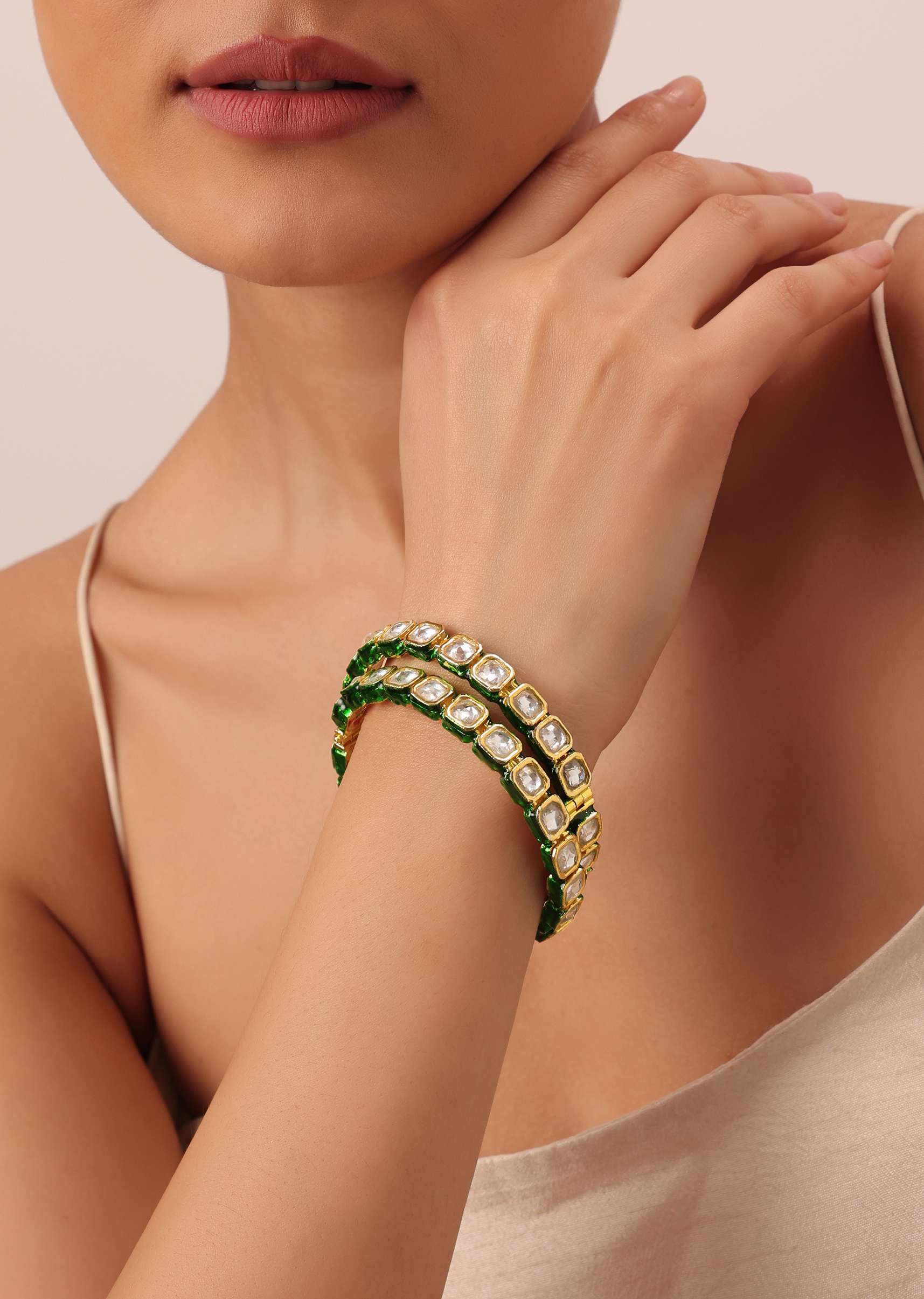 Gold Finish Bangle With Studded Kundan And Green Meenakari Set of 2 - Image 5
