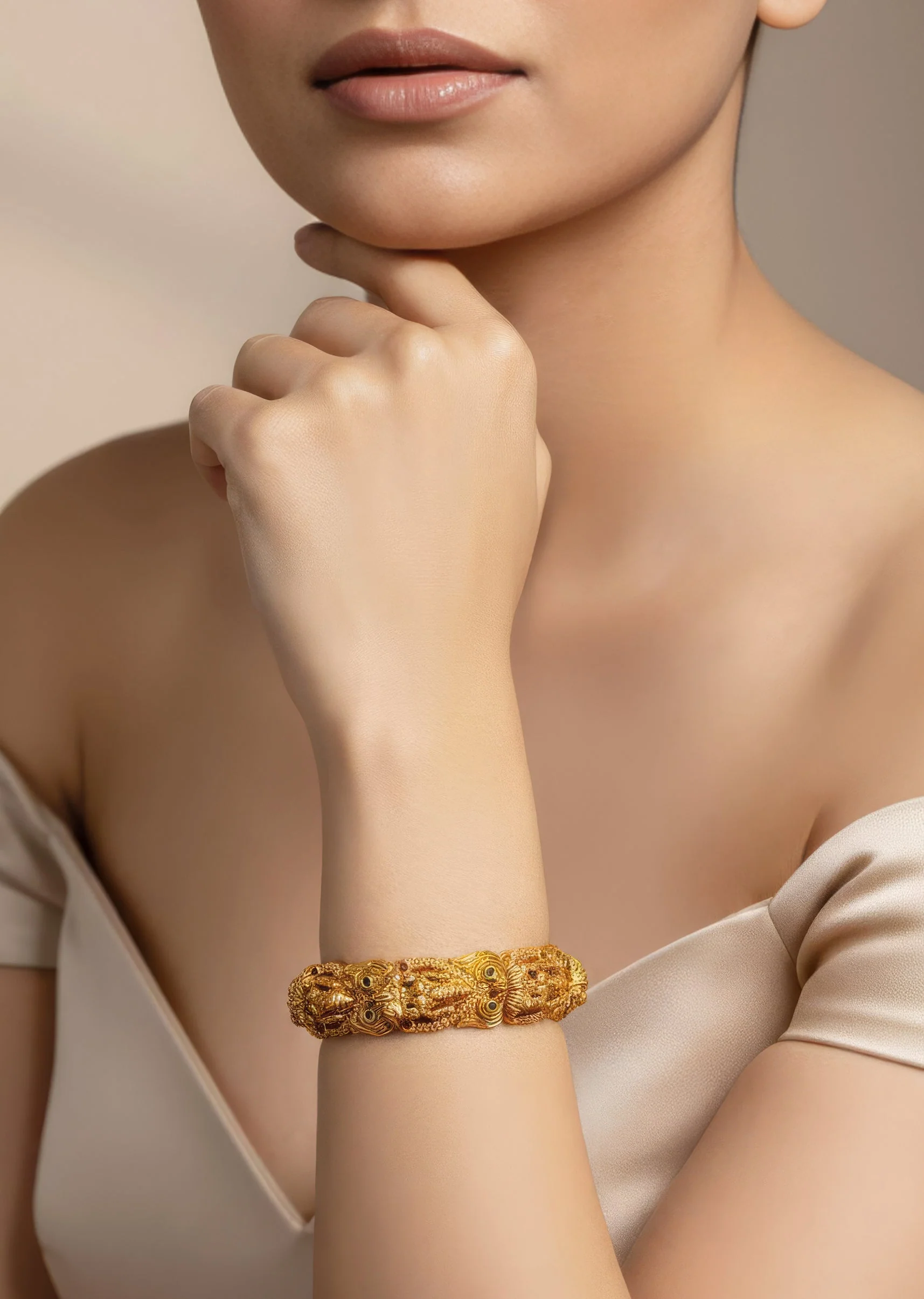Gold Finish Bangle With Traditional Temple Motifs And Green and Pink Simulated Stones