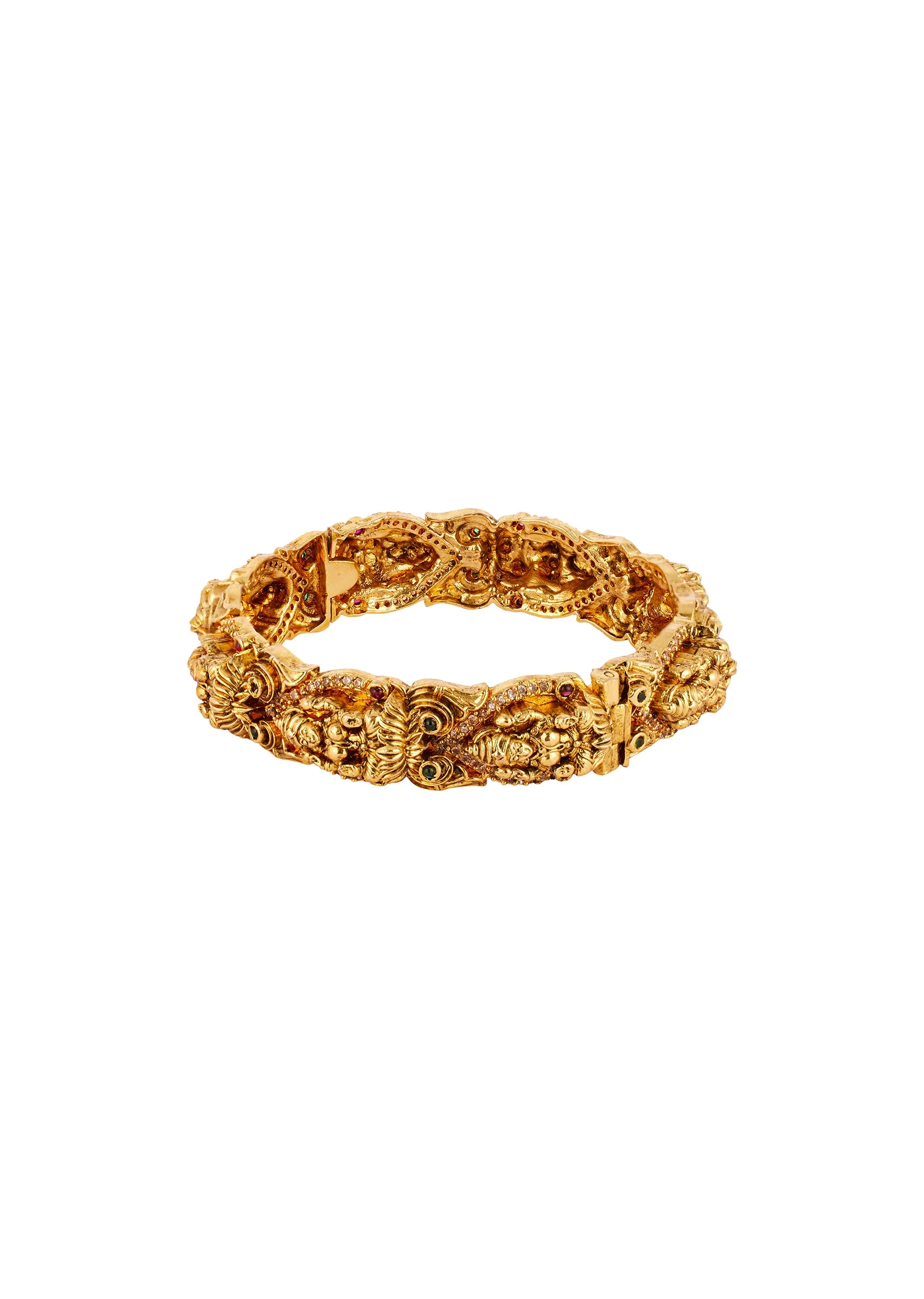 Gold Finish Bangle With Traditional Temple Motifs And Green and Pink Simulated Stones - Image 3
