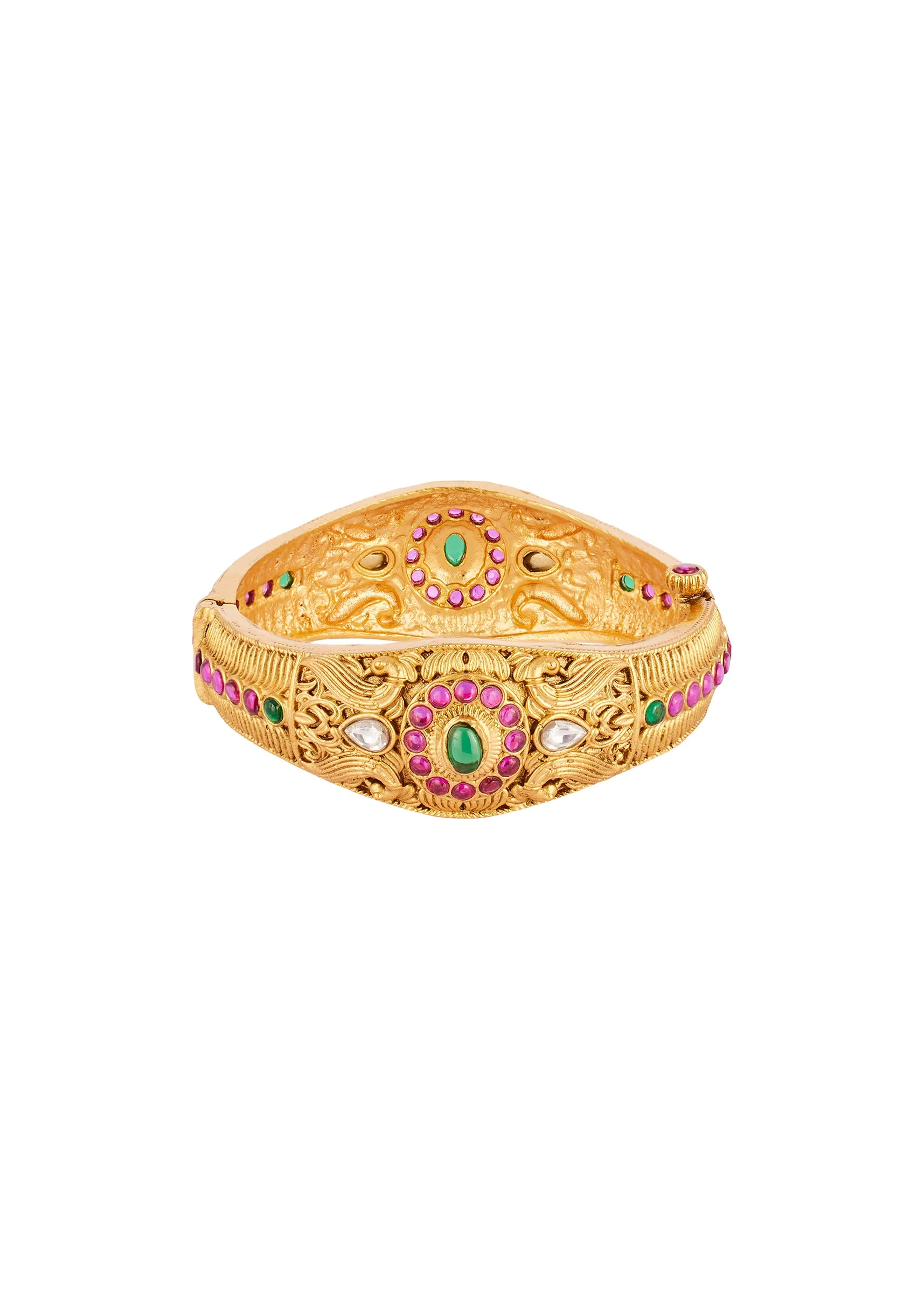 Gold Finish Bangle With Traditional Temple Motifs And Green and Pink Simulated Stones With Zirconia Accents - Image 3