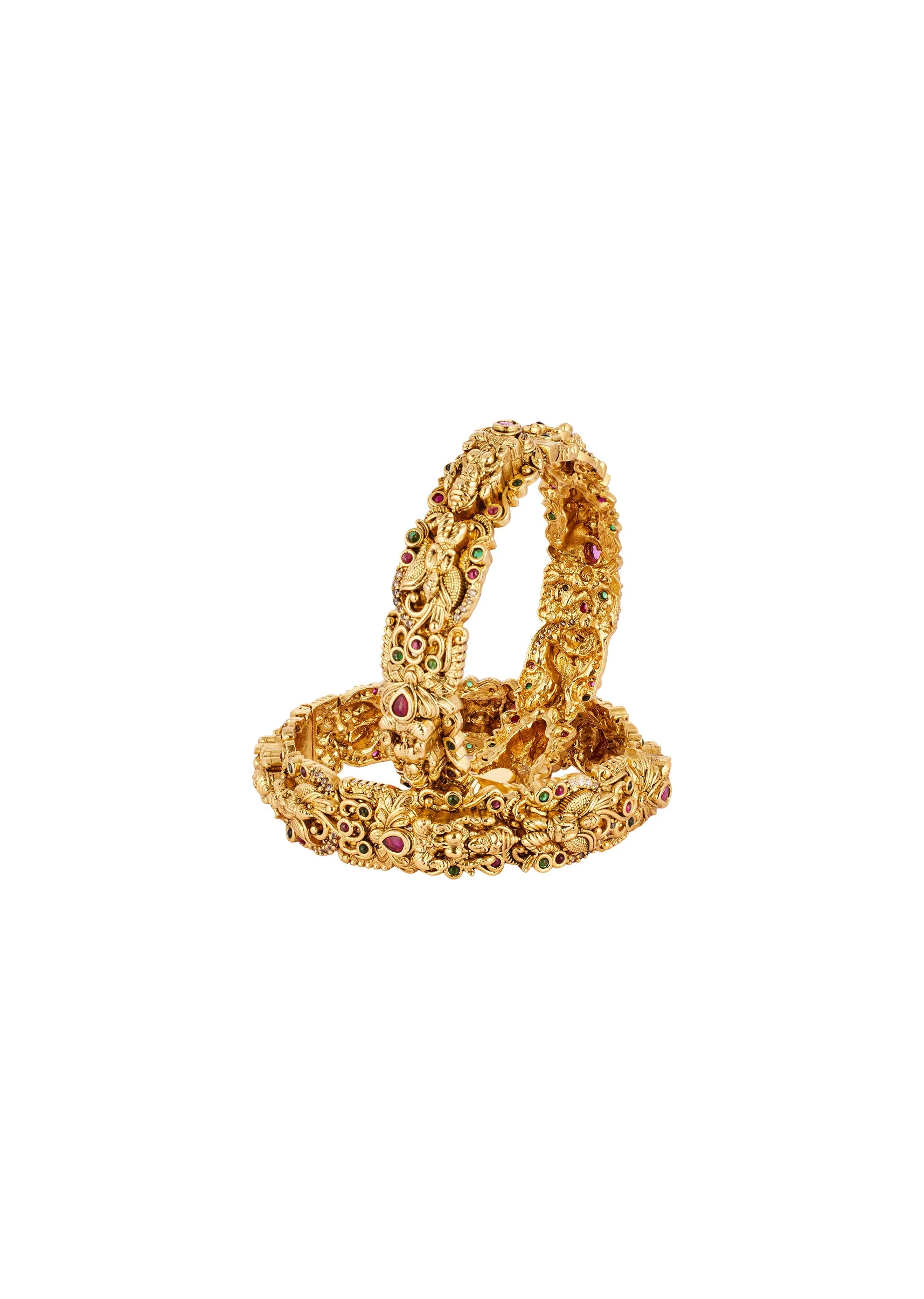 Gold Finish Bangles With Temple Style Motifs And Pink and Green Simulated Stones - Image 2