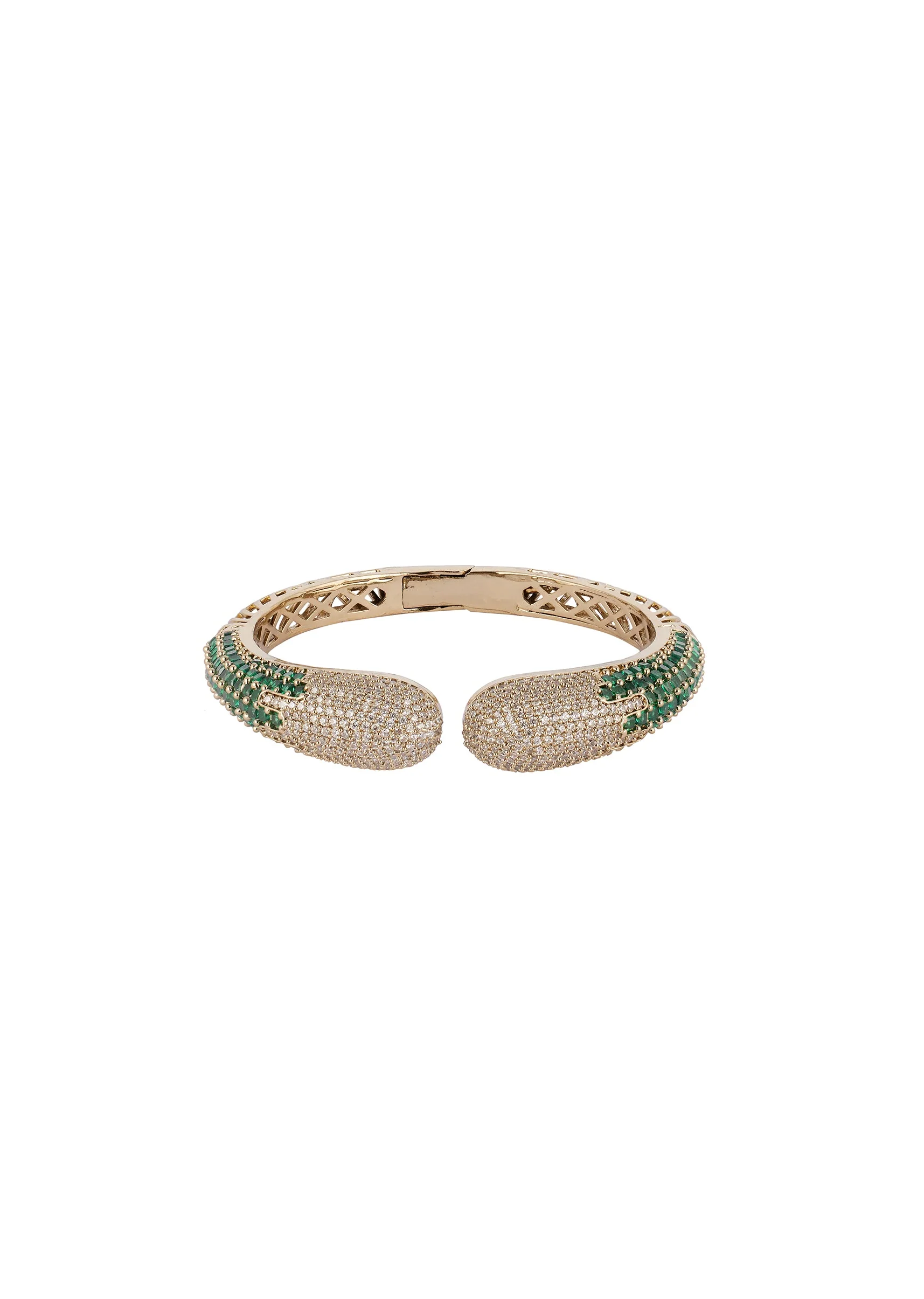 Gold Finish Bracelet In Mix Metal With Modern Cuff Style And Green Simulated Emerald And Cubic Zirconia Accents - Image 3