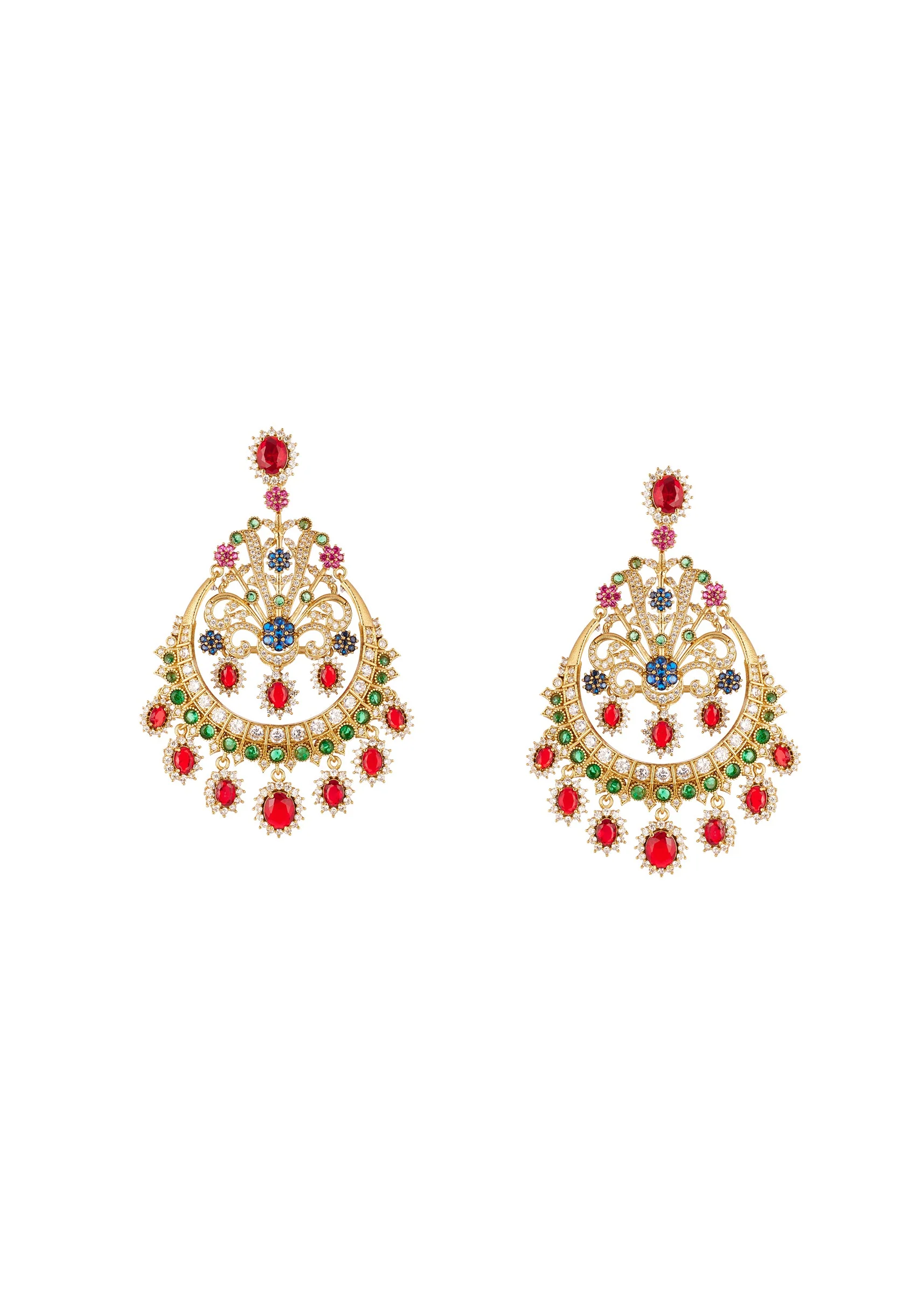 Gold Finish Chandbali Earrings With Multi Color Simulated Stones In Red Blue and Green - Image 2