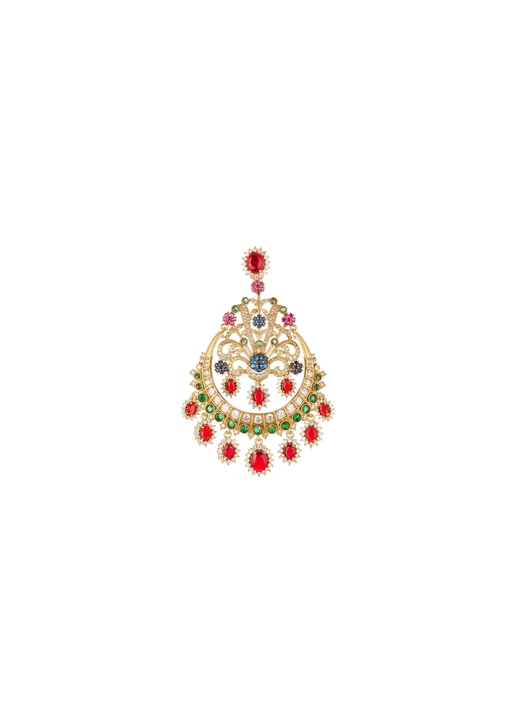 Gold Finish Chandbali Earrings With Multi Color Simulated Stones In Red Blue and Green - Image 3