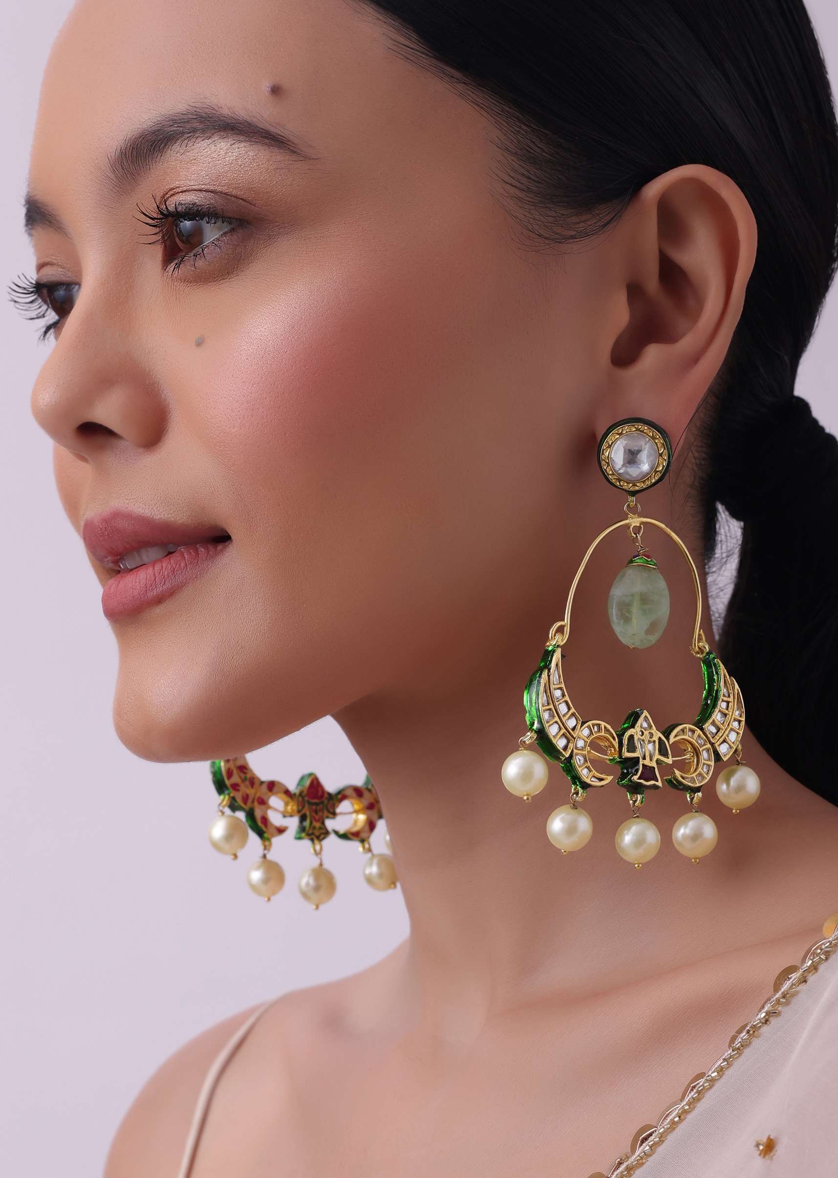 Gold Finish Chandbalis With Red And Green Meenakari - Image 4