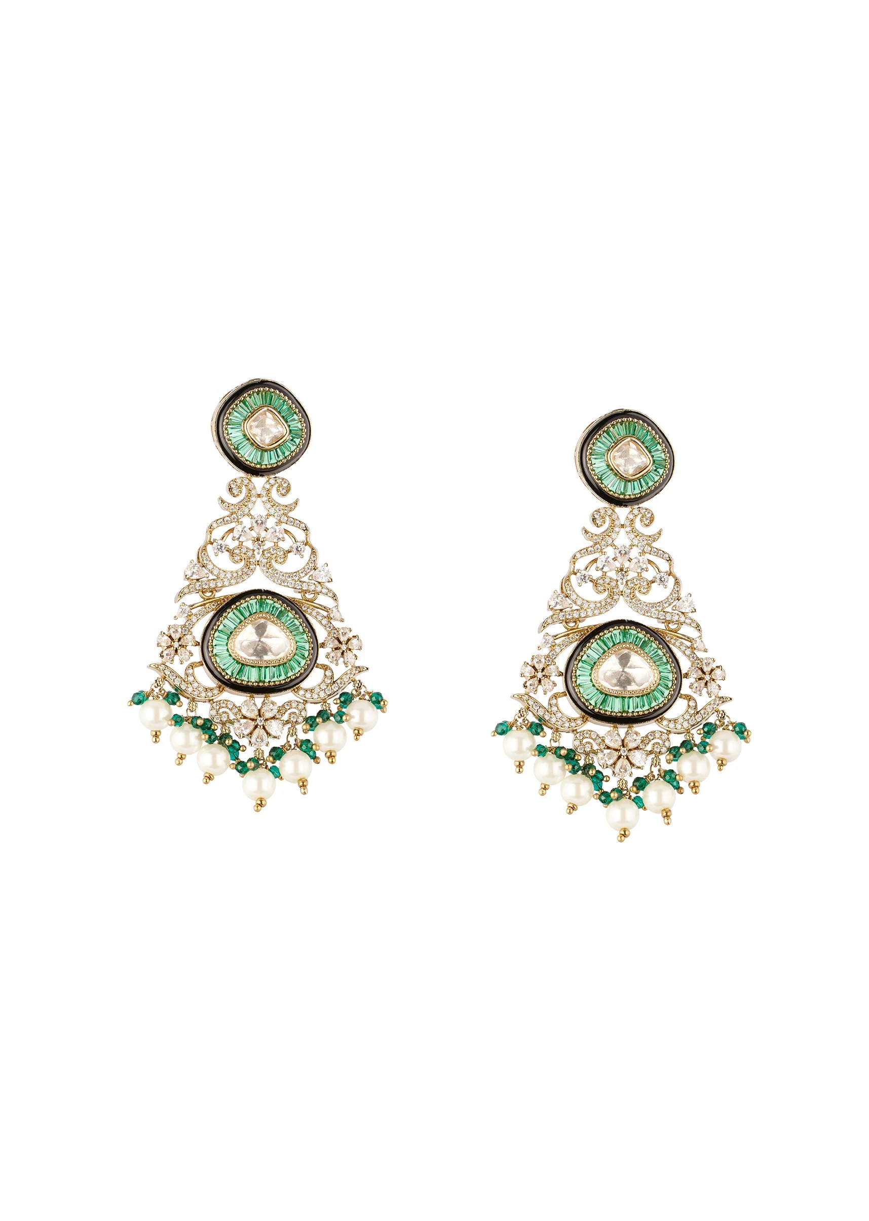 Gold Finish Chandelier Earrings In Polki With Simulated Pearls and Green Beaded Accents - Image 2
