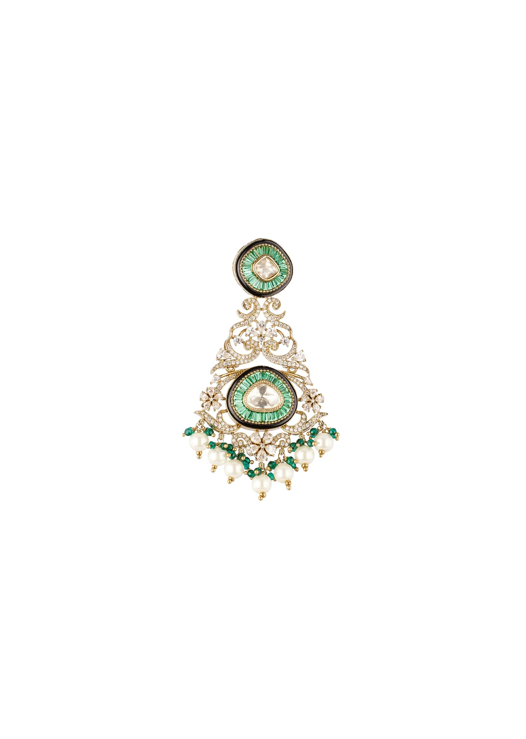 Gold Finish Chandelier Earrings In Polki With Simulated Pearls and Green Beaded Accents - Image 3