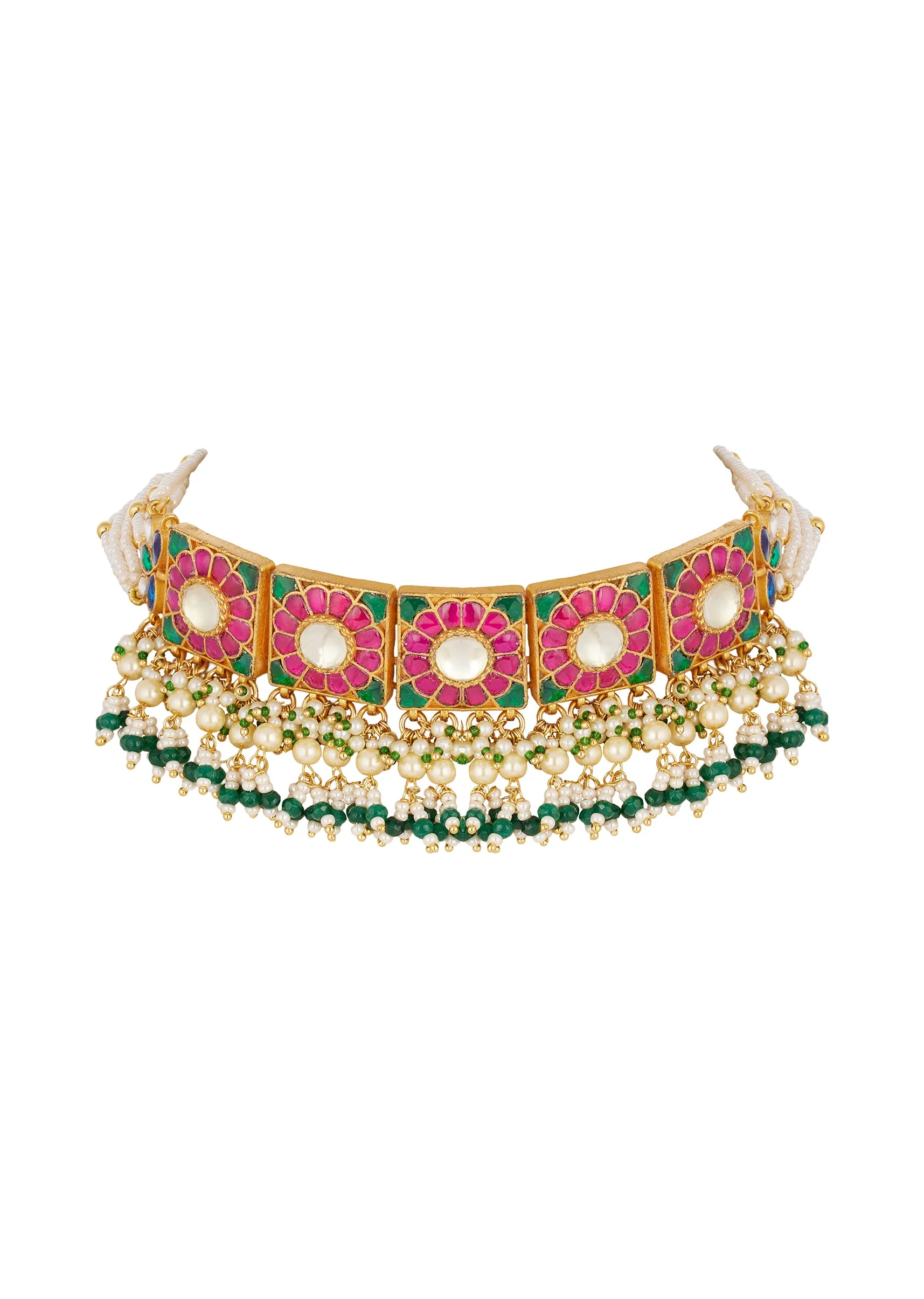 Gold Finish Choker Necklace Set In Mix Metal With Traditional Kundan Style And Rani Pink And Green Simulated Stones And Faux Pearl Fringe - Image 2