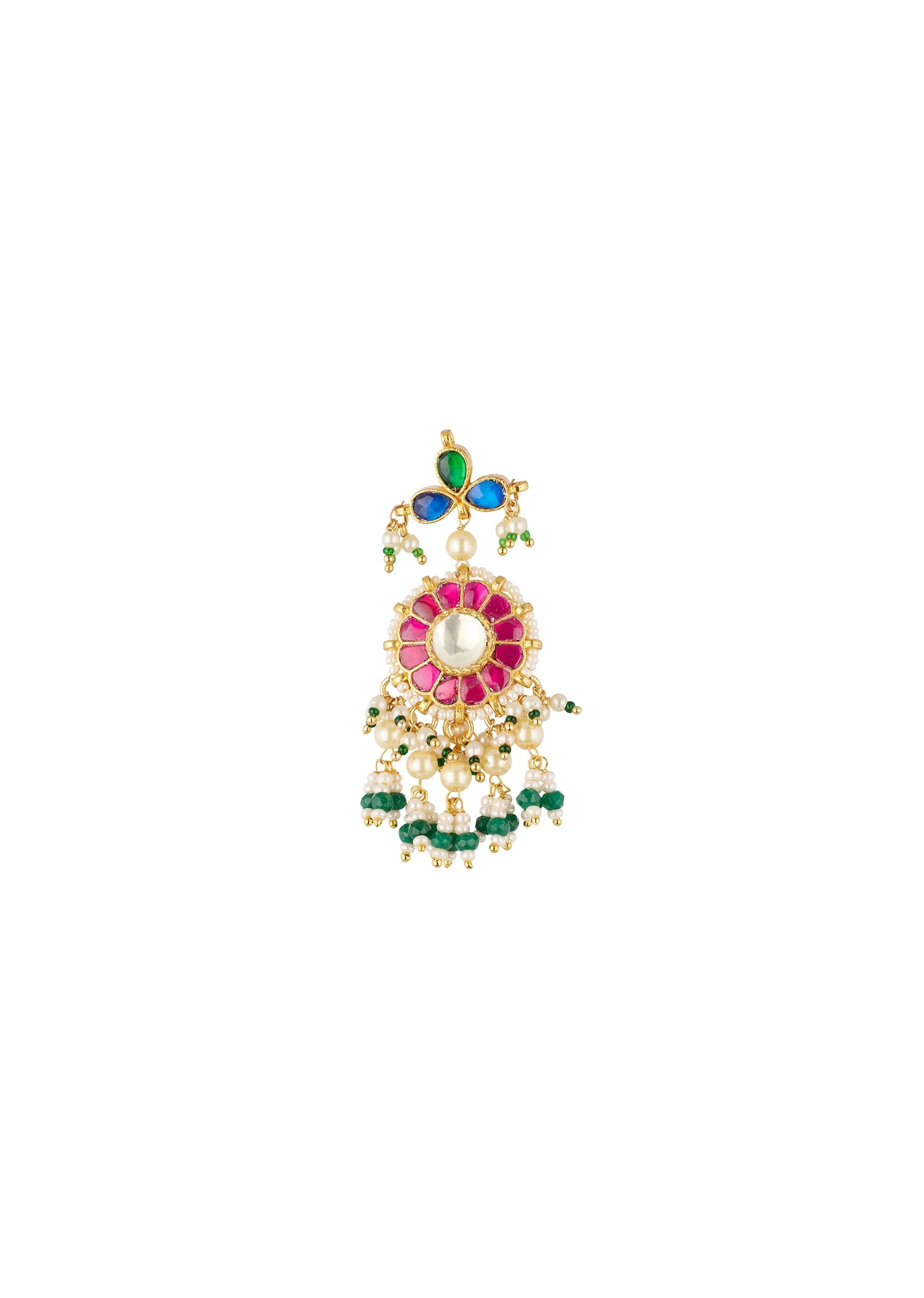 Gold Finish Choker Necklace Set In Mix Metal With Traditional Kundan Style And Rani Pink And Green Simulated Stones And Faux Pearl Fringe - Image 4