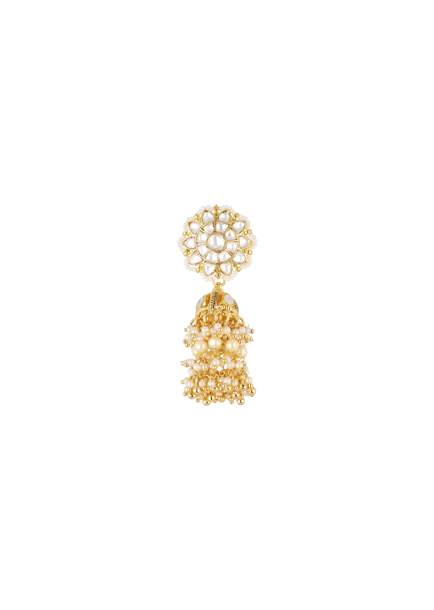 Gold Finish Choker Necklace Set In Mix Metal With Traditional Kundan Style And White Simulated Stones And Cluster Faux Pearl Fringe - Image 4